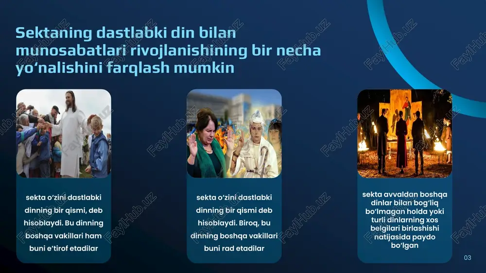 ash lozimki, har bir sekta o‘zini “yagona to‘g‘ri etuvchi yo‘l” deb ta’riflaydi 04 kosmopolitizm — „jahon fuqaroligi“ deb atalgan g‘oyani targ‘ib qiluvchi mafkura. iskandar (aleksandr) yurishlari davrida paydo bo‘lgan. uyg‘onish va ma’rifatchilik davrlarida jahon fuqaroligi ideali olg‘a surilib (dante, kampanella), individning zamindor boylar zulmidan ozod bo‘lish g‘oyasini (lessing, gyote, shiller, kant, fixte) ifodalagan. kosmopolitizm milliy an’ana va madaniyatdan, vatanparvarlikdan voz kechishga — bevatanlikka da’vat etadi. kosmopolitizm 02 soxta xristianlik xarakatlari xix asr o‘rtalari xx asr boshlariga kelib yevropa, amerika va osiyo qit’alarida “payg‘ambarlik” va “armageddonizm” epidemiyalari avj oldi. natijada, aksariyat yirik dinlar doirasida yangi, “islohotchi” oqimlar yuzaga keldi. iyegovo shohidlari marmonlar 09 masih cherkovi oq birodarlar mun birlashtirish cherkovi vissarion oxirgi ahdi cherkovi 1873 yilda charlz teyz rassel (1852-1916) tomonidan asos solingan. yo‘nalishning diniy ta’limoti uning yetti tomlik “muqaddas yozuvni o‘rganish” kitobiga asoslanadi. ch.rassel vafotidan keyin tashkilotga rahbarlik qilgan iosif (djozef) franklin ruzerford iyegovochilikka “armageddon” tushunchasini kiritdi. iyegovochilar iso xudoning …