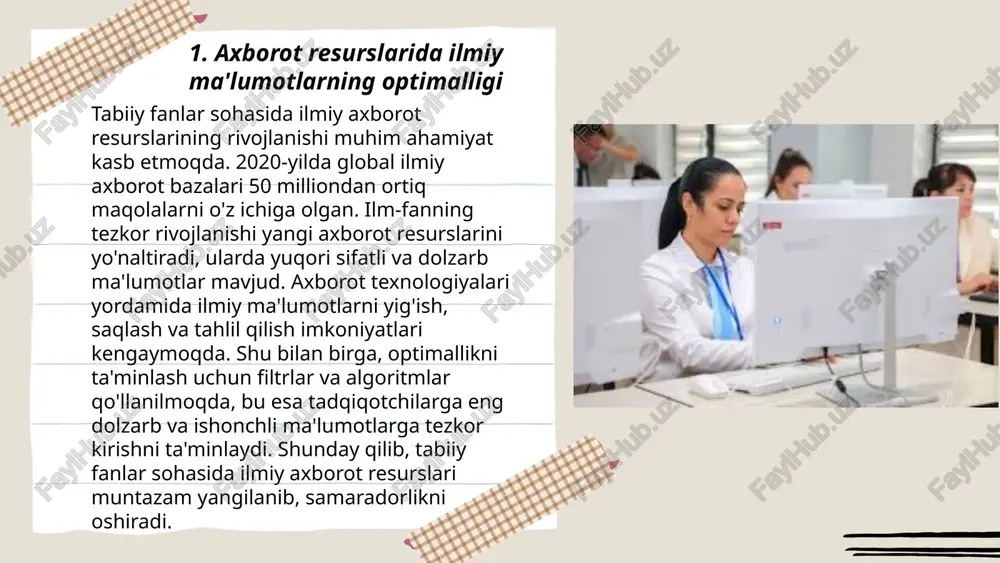 l vaqtda yangilanib, ilmiy tadqiqotlar sifati va kirish imkoniyatini oshiradi. aksariyat jurnallar ochiq kirishni ta’minlab, ilm-fan rivojiga katta hissa qo‘shmoqda. ularning dolzarbligi ilmiy hamjamiyat tomonidan qabul qilinganligi va natijalar almashinuvini tezlashtirishida ko‘rinadi. ... t.me/slaydai_bot tabiiy fanlar sohasida ilmiy axborot resurslarining rivojlanishi va dolzarbligi tobora ortib bormoqda. axborot texnologiyalari yordamida ushbu resurslar tezkor va oson tadqiq etilishiga erishildi. statistik ma'lumotlarga ko'ra, 70% dan ortiq ilmiy ishlar onlayn platformalarda joylashtirilgan. shu bilan birga, 80% tadqiqotchilar internet orqali samarali ma'lumot oladilar. axborot texnologiyalari tabiiy fanlar sohasi uchun milliy va xalqaro miqyosda o'zaro hamkorlikni kuchaytirib, ilmiy tadqiqotlarning sifatini oshiradi. 2023 yilga kelib, global ilmiy axborot resurslari soni yillik 15% ga o'sishi kutilmoqda, bu o'z navbatida yangi yutuqlar va kashfiyotlarga zamin yaratadi. ... t.me/slaydai_bot 7. ilmiy resurslar uchun ochiq ma'lumotlar tabiiy fanlar sohasida ilmiy axborot resurslarining rivojlanishi va dolzarbligi juda muhimdir. hozirgi kunda ochiq ma'lumotlar platformalari, masalan, open science framework va dryad orqali tadqiqotlar erkin …