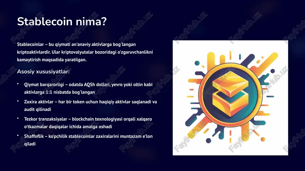 ablecoin va cbdc ning moliyaviy tizimdagi roli stablecoinlar: xususiy sektor innovatsiyasi stablecoinlar texnologik kompaniyalar va startaplar tomonidan yaratilgan, tezkor va global to'lovlar uchun qulay vosita. ular kriptovalyuta bozorida likvidlikni ta'minlaydi va xalqaro savdoda oraliq vosita rolini o'ynaydi. kripto birjalarida savdo juftliklarining asosi defi (markazlashmagan moliya) platformalarida asosiy aktiv chet el o'tkazmalarida tez va arzon vosita inflyatsiyadan himoya vositasi rivojlanayotgan mamlakatlarda cbdc: davlat nazoratidagi barqaror pul cbdc davlat tomonidan chiqariladigan va to'liq qo'llab-quvvatlanadigan ishonchli raqamli pul vositasi. u monetar siyosatni samarali amalga oshirish va moliyaviy barqarorlikni ta'minlash uchun muhim vosita hisoblanadi. milliy to'lov tizimining raqamli asosi moliyaviy inklyuziya va kirish imkoniyatini kengaytirish monetar siyosatni aniq va tezkor amalga oshirish korruptsiya va qora pul aylanishiga qarshi kurash vositasi e'tiboringiz uchun rahmat image1.png image2.png image3.png image4.png image5.png image6.png image7.png image8.png image9.png image10.png image11.png image12.png image13.png image14.png image15.png image16.png image25.png image26.png image27.png image17.png image18.png image19.png image20.png image21.png image22.png image23.png image24.png image28.png kc