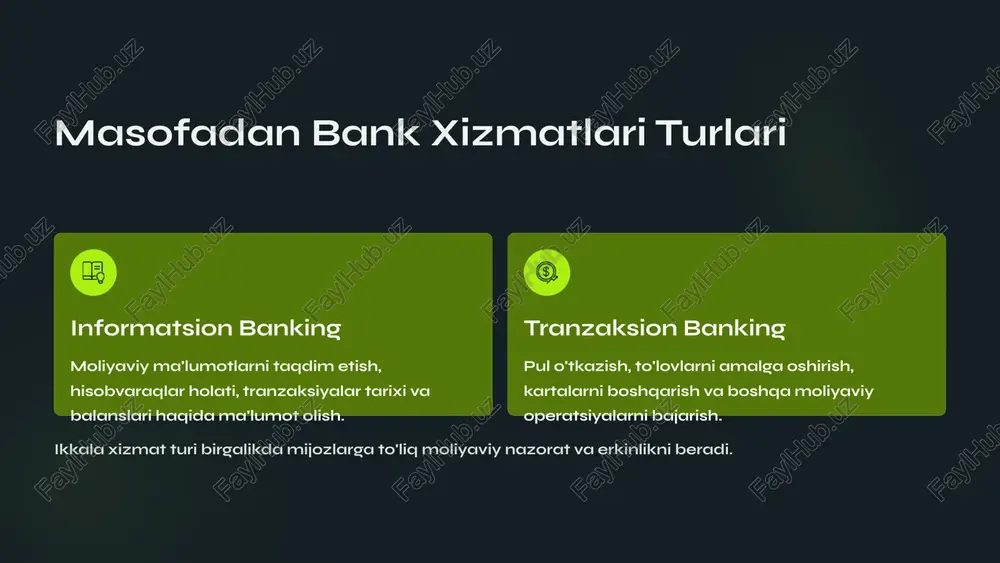 siyasiz. octo-mobile: zamonaviy mobil to'lovlar virtual kartalar visa va mastercard kartalarini onlayn ochish – jismoniy karta kutmasdan xarid qilish. nfc to'lovlar smartfondan kontaktless to'lovlar – nfc texnologiyasi orqali xavfsiz va tez. konvertatsiya valyuta konvertatsiyasini ilovada komissiyasiz amalga oshirish – qulay kurslar. bir teginish bilan to'lov nfc texnologiyasi orqali smartfoningizni terminalga yaqinlashtirib, xavfsiz va tezkor to'lov amalga oshiring. ilova doimiy yangilanib, foydalanuvchilarga qulay interfeys va tezkor xizmatlar taqdim etadi. shuningdek, xavfsizlik tizimlari eng zamonaviy protokollar bilan himoyalangan. raqamli bank xizmatlari xavfsizligi texnologik himoya elektron raqamli kalitlar va shifrlash texnologiyalari bank va mijoz o'rtasidagi xavfsiz shifrlangan aloqa ikki faktorli autentifikatsiya tizimi biometrik identifikatsiya (barmoq izi, yuz tanish) xavfsizlik choralari firibgarlik va kiberxavfsizlikga qarshi kuchli chora-tadbirlar tranzaksiyalarni real vaqt rejimida monitoring qilish shubhali operatsiyalarni avtomatik bloklash mijozlarni xavfsizlik bo'yicha doimiy o'qitish raqamli bank xizmatlarining iqtisodiy foydalari 70% filial tashrif kamayishi bank filiallariga tashriflar soni keskin kamayadi – vaqt va xarajatlar tejash. 40% xarajat …