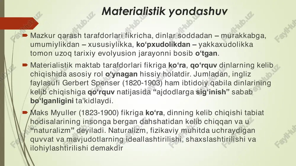 r koʻrsatish amallari. shamanizm shamanizmga xos narsa birinchi navbatda ijtimoiy hayot va tabiatdagi turli hodisalarning mohiyatini ifodalovchi turli ruhlar haqidagi tassavurlarning mavjudligidir. ruhlar hakidagi tasavvurlar tizimi bilan bevosita bogʻliq boʻlgan ikkinchi navbatda - shamanlik qiluvchining asabiy-ruhiy ( ba'zan patologik) holatidir. uchinchi navbatda, shamanning insonlar koʻz oʻngida namoyon boʻlayotgan gʻalati va sirli iste'dodlarining jamiyat tomonidan ajratib koʻrstailishi ayniqsa muximdir markaziy osiyo xalqlarida ham boshqa xalqlardagi singari shamanizm reliktlari turli koʻrinishlarda kuzatiladi. masalan, “chilla yosin” davolash marosimi birinchi navbatda qur'ondagi “yosin” surasini qirq marta oʻqib, kasalni tol navdalari bilan “urish” bilan amalga oshiriladi. bunda tol novdalari qirqta boʻlishi kerak. shamanlik marosimining yana bir turi, bu - “kinna”, ya'ni bemor tanasidan kasalni haydashning alohida usulidir. yaxudiylik • rivojlanishning muayyan davrida eng kuchli qabilalar xudosi boshqa qabila xudolaridan yuqori turuvchi bosh xudo hisoblana boshlagandi. falastindagi ruvim, simon, levin va iuda singari eng mashhur qabilalar obro‘si ko‘tarila boshlagan. bularning orasida iuda qabilasi kuchli hisoblanib, obro‘si …