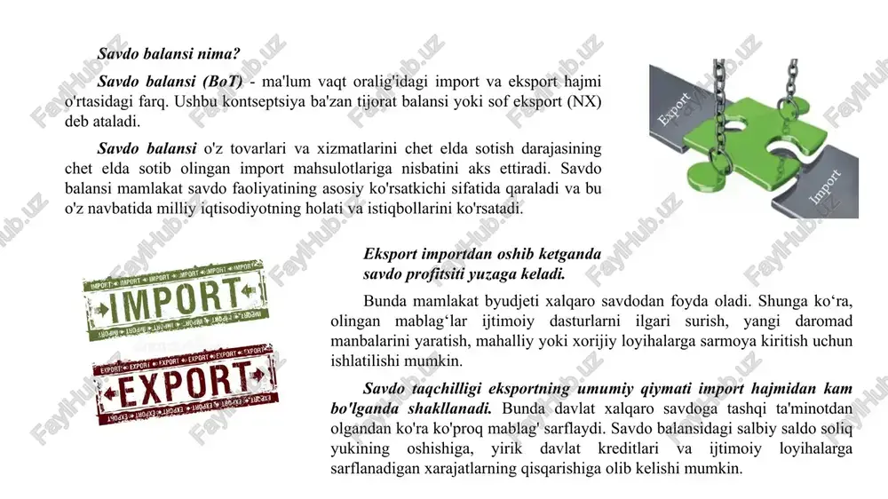 archa xalqaro moliyaviy operatsiyalarning protokoli. mamlakatning to‘lov balansi aholining import uchun to‘lash uchun yetarli daromad olishi va/yoki jamg‘arishini ko‘rsatadi. to'lov balansi statistikasi birinchi navbatda har chorakda hisoblanadi. bunga quyidagilar kiradi: joriy hisob; kapital hisobi; moliyaviy hisob. joriy hisob tovarlar va xizmatlar (eksport va import), investitsiya daromadlari/zararlari va joriy transfertlarni o'z ichiga oladi. kapital hisobi va moliyaviy hisob asosan moliyaviy vositalar bo'yicha operatsiyalardan iborat. joriy hisobning profitsiti yoki taqchilligi pul mablag'larining chiqib ketishi yoki kirib kelishini ko'rsatadi va kapital va moliyaviy hisobda aks ettiriladi. joriy hisob + kapital hisobi = moliyaviy hisob to'lov balansi joriy hisob savdo balansi kapital hisobi moliyaviy hisob sof daromad sof transfertlar jismoniy aktivlar moliyaviy aktivlar 2. tashqi qarz va xalqaro zaxiralar mamlakatning tashqi qarzi davlat sektori qarzi (davlat, rasmiy qarz) va xususiy sektor qarziga (xususiy qarz) bo‘linadi. davlat (rasmiy) tashqi qarz davlat organlarining (jumladan, mahalliy hokimiyat organlarining) tashqi majburiyatlaridan, shuningdek, xususiy sektorning davlat tomonidan kafolatlangan tashqi …
