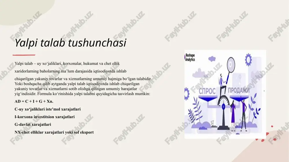 talabning bahoga bog‘liq bo‘lmagan omillari ham mavjud. bu omillardagi o‘zgarishlar yalpi talabning miqdorida o‘z aksini topadi va uning egri chizig‘ini chapga yoki o‘ngga73 siljitadi (1-rasm). yalpi talab omillari: yalpi talabning bahoga bog‘liq bo‘lmagan omillariga quyidagilarni kiritamiz: iste'mol harajatidagi o'zgarishlar: a) iste’molchilarning real moddiy aktivlarimiqdorining o‘zgarishi; b) iste’molchilar kutishi; v) iste’molchilarning qarzlari miqdorining o‘zgarishi; g) iste’molchilar daromadlaridan olinadigan soliqlar miqdorining o‘zgarishi. investitsiya xarajatlaridagi o‘zgarishlar: a) foiz stavkasidagi o‘zgarishlar; b) investitsiyalardan kutilayotgan foyda normasining o‘zgarishi; v) korxonalardan olinadigan soliqlar miqdorining o‘zgarishi; g) yangi texnologiyalarning ishlab chiqarishga jalb qilinishi; d)zahiradagi quvvatlar o‘zgarishi. davlat xarajatlarining o‘zgarishi. masalan, harbiy xarajatlar va yangi kasalxona va boshqa muassasalar qurishga qaror qilinganda. sof eksport hajmidagi o‘zgarishlar. a) boshqa mamlakatlar milliy daromadlarining o‘zgarishi. b) valuta kurslaridagi o‘zgarishlar yalpi talabni narxga bog'liq bo'magan omillari pulning miqdoriy nazariyasi tenglamasi yuqoridagilardan tashqari yalpi talabning narxlarga bog‘liq bo‘lmagan yana ikki omilini beradi. bular: pul taklifi(m) pul aylanish tezligi(v) pul taklifining, pulning aylanish tezligining …