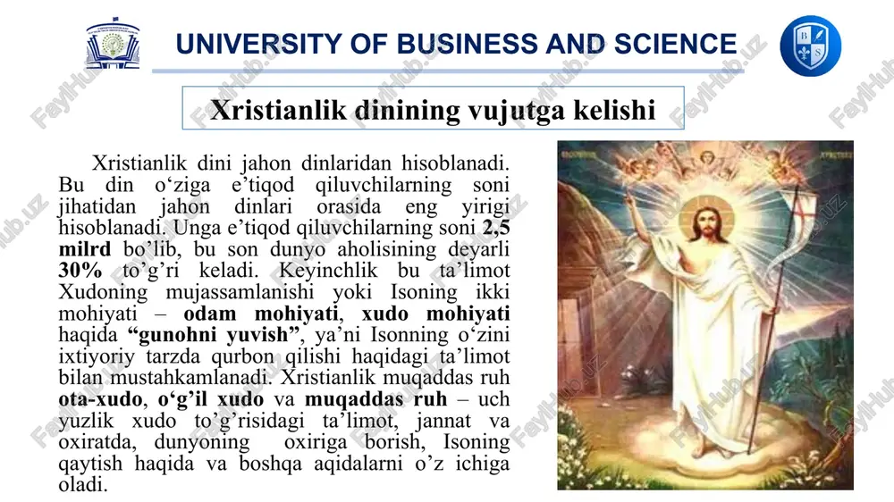 logos (mazmun va shakl beruvchi tamoyil) university of business and science xristianlikdagi asosiy diniy marosimlari suvga cho‘mish (baptizm) xristianlikka kirish marosimi. bu orqali inson gunohlardan tozalanadi va xudo oldida yangilangan hayotni boshlaydi. ba’zi yo‘nalishlarda chaqaloqlar suvga cho‘miladi, ba’zilarida esa katta yoshdagilar. university of business and science xristianlikdagi asosiy diniy marosimlari duo va ibodat har kuni yoki har hafta cherkovda yoki uyda xudoga yuzlanib ibodat qilish. xudo bilan shaxsiy aloqa muhim hisoblanadi. university of business and science xristianlikdagi asosiy diniy marosimlari diniy bayramlar rojdestvo (christmas) – iso masihning tug‘ilgan kuni (25-dekabr). fufuron (easter) – iso masihning tirilishi nishonlanadi. yangi yil arafasida va pasxa oldidan ro‘za (lent) – tavba, ro‘za va ibodat orqali tayyorgarlik ko‘rish davri. university of business and science pasxa kuni qanday aniqlanadi pasxa (inglizcha: easter) — xristianlikdagi eng muhim diniy bayramlardan biri bo‘lib, iso masihning o‘limdan tirilgan kuni sifatida nishonlanadi. bu bayram har yili bahor faslida, an’anaviy aniq bir …