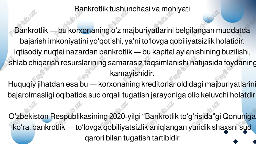 o. duis vulputate nulla at ante rhoncus, vel efficitur felis condimentum. proin odio odio. bankrotlikni oldindan bashoratlashda altman z-score modeli keng qo‘llaniladi. u quyidagi formula asosida hisoblanadi: z = 1.2x₁ + 1.4x₂ + 3.3x₃ + 0.6x₄ + 1.0x₅ bu yerda: x₁ – aylanma kapital / jami aktivlar, x₂ – taqsimlanmagan foyda / jami aktivlar, x₃ – foiz va soliqlar oldidan foyda / jami aktivlar, x₄ – bozor qiymati / jami majburiyatlar, x₅ – sotuv hajmi / jami aktivlar. z < 1.81 bo‘lsa, korxona bankrotlik xavfi ostida hisoblanadi. bankrotlikning iqtisodiy oqibatlari bankrotlik nafaqat korxonaning o‘ziga, balki butun iqtisodiyot tizimiga salbiy ta’sir ko‘rsatadi: • ish o‘rinlari qisqaradi, ishsizlik ortadi; • soliq tushumlari kamayadi; • kreditorlar zarar ko‘radi; • mintaqaviy iqtisodiy faollik susayadi. natijada mamlakat yalpi ichki mahsuloti (yaim) 1–3% gacha kamayishi mumkin. bankrotlik jarayoni bir necha bosqichlardan iborat: to‘lovga qobiliyatsizlik belgilarini aniqlash korxona yoki kreditor tomonidan sudga murojaat qilish sud tomonidan tashqi …