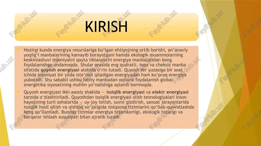 anish mavjud. ushbu nurlanishning bir qismi yer atmosferasidan o‘tib, uning sirtiga issiqlik energiyasi shaklida yetib keladi. 1. quyosh energiyasining fizik mohiyati va insoniyat taraqqiyotidagi o‘rni quyosh energiyasining fizik mohiyati — bu elektromagnit nurlanishning moddalar bilan o‘zaro ta’siri orqali issiqlikka aylanish jarayonidir. masalan, qora rangdagi sirtlar ko‘proq quyosh nurini yutadi va natijada ularni isitish samaradorligi yuqori bo‘ladi. shu tamoyil asosida quyosh issiqlik kollektorlari, suv isitish tizimlari va issiqlik elektr stansiyalari ishlab chiqilgan. insoniyat tarixida quyosh energiyasidan foydalanish qadimdan ma’lum. qadimgi misr, yunoniston va rim davrlarida quyosh yordamida suvni isitish, donni quritish va binolarni yoritish ishlari amalga oshirilgan. xx asrda esa ilm-fan taraqqiyoti tufayli quyosh energiyasidan foydalanish texnologik bosqichga o‘tdi. bugungi kunda ko‘plab davlatlar, jumladan, o‘zbekiston ham quyosh energetikasini milliy strategiya darajasiga ko‘tarmoqda. quyoshdan issiqlik energiyasini olish texnologiyalari bir necha turga bo‘linadi: 2. quyosh issiqlik energiyasini olish texnologiyalari va ularning turlari a) passiv tizimlar bu tizimlarda quyosh nuri tabiiy ravishda binolarga kirib, …