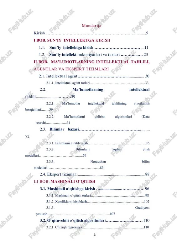 asi va ishlash strukturasi .................................156 4.2.6. rnn arxitekturasi va ishlash strukturasi....................................164 4.3. tabiiy tilga qayta ishlov berish .......................................171 4.3.1. morfologik tahlil........................................................................173 4.3.2. sintaktik tahlil ...........................................................................177 4.3.3. semantik tahlil...........................................................................184 xulosa.......................................................................................................... 198 adabiyotlar.................................................................................................. 200 5 kirish ilm-fan va axborot-kommunikatsiya texnologiyalari jadal taraqqiy etib borayotgan bugungi kunda dunyoning rivojlangan mamlakatlarida davlat va jamiyat boshqaruvi, iqtisodiyot, sanoat, ijtimoiy himoya, taʼlim, tibbiyot, qishloq xoʻjaligi, mudofaa, xavfsizlik, turizm va boshqa sohalarda zamonaviy axborot texnologiyalari va sunʼiy intellekt imkoniyatlaridan keng foydalanish urfga kirmoqda. oʻzbekistonda ham, axborotlashtirish va raqamli iqtisodiyotni rivojlantirish orqali 2030-yilga qadar innovatsion taraqqiy etgan yetakchi davlatlar qatoridan oʻrin egallashi ustuvor vazifa sifatida belgilangan, shunga asosan 2021-2022- oʻquv yilidan boshlab 5ta otmda grant asosida “sunʼiy intellekt” yoʻnalishi boʻyicha kadrlar tayyorlash boshlandi. oʻzbekistonda sunʼiy intellekt va shu kabi texnologiyalarni joriy etish orqali 2025-yilga borib mamlakatning ikkita asosiy sanoatida 430 mingdan ortiq yangi ish oʻrinlari yaratilishi kutilmoqda. shuningdek, sunʼiy intellekt murakkab tahlillar va katta maʼlumotlar bilan ishlovchi dasturlar …