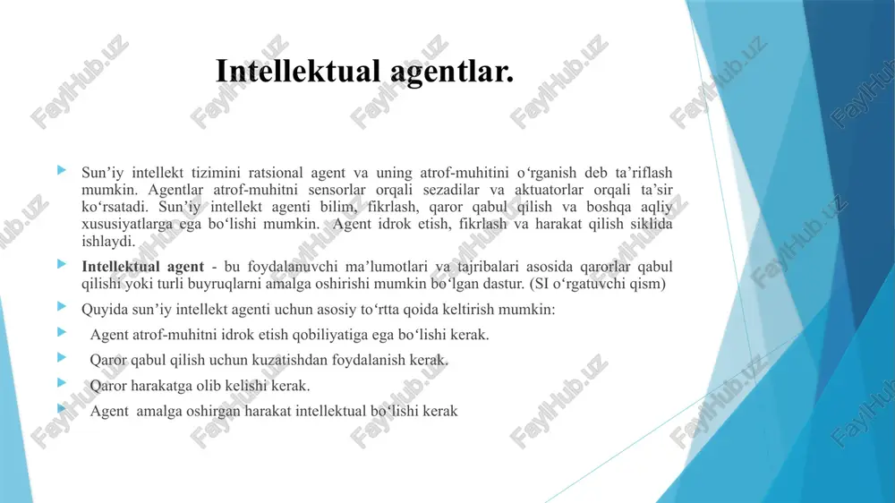 ta soʻzdan iborat: s (p) - samaradorlik oʻlchovi (performance measure) a (e) - atrof-muhit (environment) a (a) - aktuatorlar (actuators) s (s) - sensorlar (sensors) bu yerda samaradorlik oʻlchovi agentning xatti-harakati muvaffaqiyatining maqsadi hisoblanadi. intellektual agentlar. intellektual agentlar. faraz qilaylik, oʻzini oʻzi boshqaradigan mashina: unda saas modeli quyidagicha boʻladi: ishlash- xavfsizlik, vaqt, qonuniy harakat, qulaylik. atrof-muhit-yoʻllar, boshqa transport vositalari, yoʻl belgilari. aktuatorlar- rul boshqaruvi, tezlatgich, tormoz, signal, ovoz signali. sensorlar- kamera, gps, tezlik oʻlchagich, odometr, akselerometr odometr (qadimgi yunoncha ὁdesos "yo'l" + mötron "o'lchov"), umumiy tilda hisoblagich - g'ildirak aylanish sonini o'lchash uchun qurilma. akselerometr (lot. accelero - tezlashtirmoq va boshqa yunoncha métratō «o'lchash») - ko'rinadigan tezlanish proyeksiyasini o'lchaydigan asbob intellektual agent turlari agentlarni idrok etilgan aql va qobiliyat darajasiga qarab beshta turga ajratish mumkin. bu agentlarning barchasi oʻz ish faoliyatini yaxshilashi va vaqt oʻtishi bilan yaxshiroq imkoniyatlar yaratishi mumkin. bular quyida keltirilgan: oddiy refleks agent modelga asoslangan refleks agent …