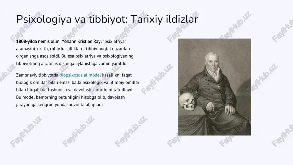 ularga kasbiy yonishdan saqlanishga yordam beradi. multidisipliner jamoalarda hamkorlik multidisipliner jamoalarda psixologik bilimlar hamkorlikni kuchaytiradi va bemorlarga kompleks yordam ko‘rsatish imkonini beradi. bemor bilan munosabatlarni yaxshilash klinik psixologiya va patopsixologiya shifokorlarning bemor bilan munosabatini yaxshilab, ishonchli aloqa o‘rnatishga yordam beradi. https://gamma.app/?utm_source=made-with-gamma preencoded.png zamonaviy tibbiyotda psixologiyaning keng qo‘llanilishi tibbiyot sohasida psixologiyaning ahamiyati tobora ortib bormoqda, bu esa psixo-kardiologiya (yurak kasalliklari va psixika oʻrtasidagi bogʻliqlik) va psixo-onkologiya (saraton kasalligi va psixologik yordam) kabi yangi sohalarning paydo boʻlishiga olib keldi. klinik psixologiya va psixiatriya tibbiyotning ajralmas qismiga aylanib, bemorlarga kompleks yordam koʻrsatishda muhim rol oʻynamoqda. psixologik yordam va maslahatlar nafaqat ruhiy kasalliklarni davolashda, balki jismoniy kasalliklar bilan kurashishda ham bemorlarning umumiy sogʻligʻini yaxshilaydi. bu yondashuv bemorning tiklanish jarayonini tezlashtiradi va ularning hayot sifatini sezilarli darajada oshiradi. https://gamma.app/?utm_source=made-with-gamma preencoded.png patopsixologiya: mohiyati, tamoyillari va tibbiyotdagi ahamiyati patopsixologiya – psixologiyaning asosiy sohalaridan biri bo‘lib, ruhiy buzilishlar va kasalliklar bilan bog‘liq bo‘lgan kognitiv, emotsional va xulq-atvor jarayonlarining …