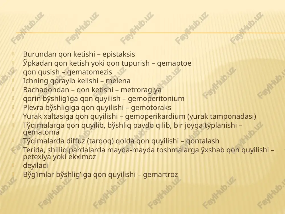 iyalangan sinovda deksametazonning toʻrt kunlik tomir ichiga yuborilishi prednizolonning uzoq kursidan (30 kun davomida ogʻiz orqali 1 mg/kg) koʻra samaraliroq va kamroq toksik boʻlgan[7]. gcs samaradorligi yetarli boʻlmagan hollarda, splenektomiya, rituksimab, serdulatinib, shuningdek trombopoietin retseptorlarining oʻziga xos agonistlari (romiplostim, eltrombopag) qoʻllanadi. gemorragik vaskulit (schonlein- henoch kasalligi) yoki iga vaskuliti. mikrotromblarning hosil bo'lishi bilan kichik qon tomirlarining tomir devoriga zarar etkazish bilan tavsiflangan o'tkir yuqumli-allergik kasallik. sabablari allergik holat o'tkir yuqumli kasallik surunkali infektsiya o'choqlari vaktsinatsiyaga reaktsiya irsiy moyillik teri gemorragik sindromi toshma nuqtali gemorragik, nosimmetrik tarzda tez-tez oyoq va dumbalarda joylashgan, bosim bilan yo'qolmaydi, pigmentatsiyani qoldiradi. davolash: glyukokortikoidlar sitostatiklar (metotreksat, azatioprin) plazmoferez gemosorbsiya yallig‘lanishga qarshi nosteroid preparatlar antibiotik terapiya* dvs –sindromi (titqi – tomir ichi tarqalgan qon ivishi) (koagulyapatiya, trombogemorragik sindrom) mikrosirkulyator o’zan trombozi yoki qonning ko’plab tomirlar ichida ivib qolish sindromi mikrosirkulyator o’zanda bir talay mayda-mayda tromblar paydo bo’lishi, gemorragik diatez boshlanishi va odamning qon ketib turishiga moyil bo’lib …