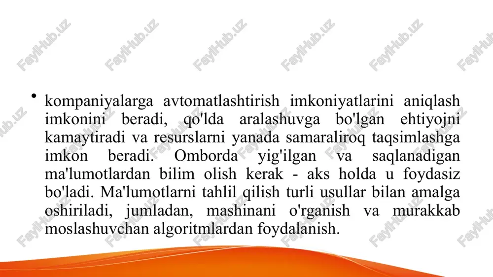 f va kuchli tomonlarni aniqlash uchun natijalarni umumlashtirish imkonini beradi. ma’lumotlarning intellektual tahlili ma’lumotlarning intellektual tahlili - bu katta ma'lumotlar to'plamlarini qayta ishlash va tekshirish uchun analitikada qo'llaniladigan kompyuterlashtirilgan texnologiya.ma'lumotni qazib olish xom ma'lumotni amaliy bilimga aylantiradi. kompaniyalar muammolarni hal qilish, biznes qarorlarining kelajakdagi ta'sirini tahlil qilish va foydani yaxshilash uchun bilimlardan foydalanadilar. ma’lumotlarning intellektual tahlili ma'lumotni qazib olish - bu katta hajmdagi ma'lumotlardan qimmatli ma'lumotlarni tahlil qilish va olish jarayoni. bu xazina izlashga o'xshaydi, faqat oltin o'rniga biz qimmatli bilim va atrofimizda sodir bo'layotgan narsalarni tushunishni topamiz.tasavvur qiling, siz katta mijozlar bazasiga ega yirik kompaniyada ishlaysiz. ma'lumotlarni yig'ish orqali siz ushbu ma'lumotni tahlil qilishingiz va qaysi mijozlar ma'lum mahsulotlarni sotib olishga moyilligini, ular qaysi xizmatlarga qiziqishini bilib olishingiz mumkin, shuningdek, ularning qaysi biri kelajakda sodiq mijozga aylanishi mumkinligini taxmin qilishingiz mumkin. bu kompaniyaga mijozlarga xizmat ko'rsatishni yaxshilash imkonini beradi. ma’lumotlarning intellektual tahlili tibbiyotda kasalliklarga ta'sir etuvchi omillarni aniqlash va …