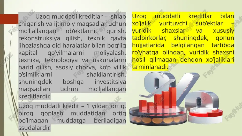 vkasi. uzoq muddatli kreditlardan foydalanganlik uchun foizlar banklar tomonidan kreditlash muddatining davomiyligi, qarz oluvchilar tomonidan berilgan kreditni kafolatlari, kredit resurslari talab va taklifi va ular bahosi, shuningdek, shartnoma asosidagi kredit xatarining mavjudligi hisobga olingan holda belgilanadi . nazorat o’lchashlari bank krediti hisobidan moliyalanadigan obyektlarda ishlab ishlab chiqarish joyining o’zida amalga oshiriladi. banklar shartnomaviy va to’lov asosida buyurtrmachilarning buyurtmanomalari bo’yicha boshqa manbaalar hisobidan moliyalanadigan qurilishlar bo’yicha nazorat o’lchovlarini amalga oshirishlari mumkin. kreditlardan samarali va maqsadli foydalanish ustidan nazorat quyidagi shakllar va yo’nalishlar bo’yicha amalga oshiriladi: a) smetasiga va maqsadli belgilanishiga, ularning muvofiqligini b) chiqish bilan kreditdan maqsadli foydalanishni tekshirish; v) kredit shartnomasida keltirilgan tartib va muddatlarda harid qilingan uskunani inventarlash. nazorat o’lchashlari dalolatnomalari, ishlar qiymatining qayta hisob-kitob qilish qaydnomalari va dalolatnomalarga oid yig ma qaydnomalar bank, buyurtmachi va pudratchining vakillari tomonidan imzolanadi. haqi to’langan (taqdim etilgan) ishlarning yig ma qaydnomalari nazorat o lchashlarining amalga oshirilishi boshlanguniga qadar imzolanadi. buyurtmachi yoki pudratchi …