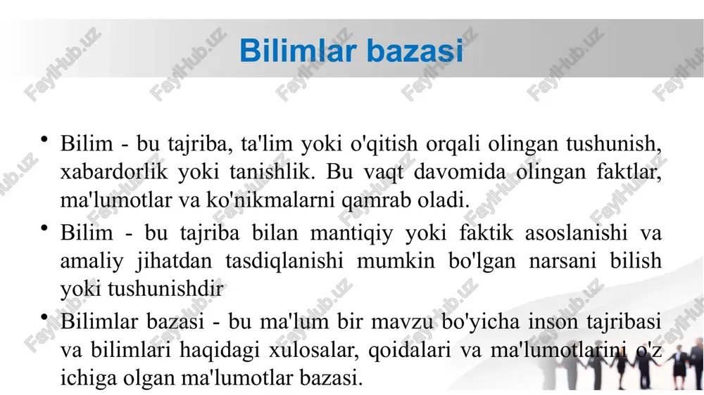 uni biladi yoki bilmaydi. protsessual bilimlar protsessual bilimlar - bu aqlli tizim xotirasida ularni olish mumkin bo'lgan protseduralar tavsifi shaklida saqlanadigan bilim. odatda, protsessual bilimlar muammoli sohadagi muammolarni hal qilish usullari, shuningdek, turli ko'rsatmalar, texnikalar va boshqalar haqida ma'lumot berish uchun ishlatiladi. protsessual bilim - bosqichlar va jarayonlar haqidagi bilim; ular protsedura va qadamlarning ma'lum bir tartibiga qanday amal qilishni bilish haqida. protsessual bilimlarga misol sifatida shinani qanday almashtirishni bilish mumkin. protsessual bilimlar yashirindir, chunki u odatda odamlarga o'ylamasdan vazifalarni bajarishga yordam beradi. deklarativ bilimlar protsessual bilimlardan nimasi bilan farq qiladi? deklarativ bilimlar protsessual bilimlardan nimasi bilan farq qiladi? deklarativ bilim ob'ektlar, xususiyatlar va ular o'rtasidagi munosabatlar haqidagi bayonotlardir. asosan bu faktik bilimdir. protsessual bilimlar ob'ektlarni o'zgartirish tamoyillari va tartibini tavsiflaydi. bular algoritmlar, texnikalar, retseptlar, strategiyalar va boshqalar. metabilim metabilim- bu sun'iy intellekt sohasida oldindan belgilangan bilimlar haqidagi bilimlarni tavsiflash uchun ishlatiladigan atama. meta bilimlarning ba'zi misollari rejalashtirish, etiketlash va …