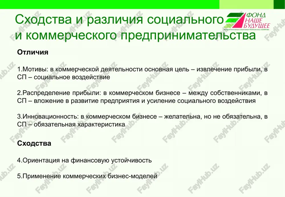 deystvuet na printsipax samofinansirovaniya i ne trebuet gosudarstvennogo finansirovaniya sp, primenyaya predprinimatelskiy podxod, aktivno eksperimentiruet i ishet innovatsionnie i naibolee effektivnie resheniya sotsialnix problem problemi, reshaemie sotsialnimi predpriyatiyami reabilitatsiya, zanyatost i zashita prav sotsialno nezashishennix i neblagopoluchnix sotsialnix grupp i lyudey s ogranichennimi vozmojnostyami razrabotka resheniy i obespechenie dostupa k kachestvennim sotsialnim uslugam i produktam v sfere obrazovaniya, zdravooxraneniya, jilishnogo stroitelstva, kulturi i sporta dlya naseleniya s nizkim urovnem doxoda po dostupnim tsenam diversifikatsiya ekonomiki, razvitie samozanyatosti razvitie predprinimatelstva i povishenie urovnya jizni v selskix regionax snijenie gosudarstvennix rasxodov s pomoshyu autsorsinga chasti gosudarstvennix sotsialnix uslug reshenie ekologicheskix problem s pomoshyu perevoda vsex elementov proizvodstva i jiznedeyatelnosti (proizvodstvo produktsii i elektroenergii, potreblenie i utilizatsiya otxodov) na ekologicheski neytralnie texnologii biznes, napravlenniy na reshenie sotsialnix problem sotsialnoe predprinimatelstvo - eto rabotayut dlya resheniya konkretnoy sotsialnoy problemi; ix biznes-model ne zavisit ot unikalnix resursov i mojet bit vosproizvedena v drugix usloviyax; vidyat …