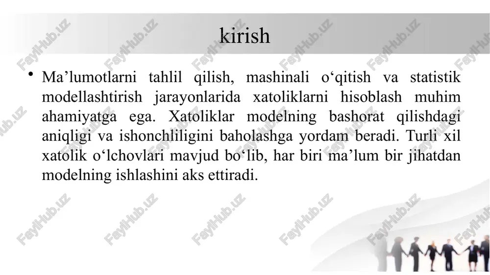 da xatoliklar – noto‘g‘ri tasniflangan holatlar. 1.3. xatolik chastotasini baholash xatoliklarning chastotasi va ularning umumiy tizimga ta’siri tahlil qilinadi. agar xatoliklar yuqori bo‘lsa, modelni qayta o‘zgartirish yoki ma’lumotlarni yaxshilash zarur bo‘ladi. xatoliklarni tahlil qilish xatoliklarni tahlil qilish jarayoni model yoki tizimning ishlash samaradorligini aniqlash va yaxshilash uchun muhim bosqich hisoblanadi. xatoliklarni to‘g‘ri tahlil qilish orqali modelning zaif tomonlari aniqlanadi va ularni kamaytirish choralari ishlab chiqiladi. tahlil jarayoni avvalo xatoliklarning miqdoriy va sifat jihatdan baholashdan boshlanadi. o‘rtacha kvadratik xatolik (mse) va o‘rtacha absolyut xatolik (mae) yordamida xatoliklarning hajmi o‘lchanadi. agar mse yuqori bo‘lsa, demak, model katta farqlar bilan ishlaydi, mae esa xatoliklarning o‘rtacha qiymatini bildiradi.. xatoliklarni tahlil qilish klassifikatsiya muammolarida esa confusion matrix yordamida modelning qanchalik to‘g‘ri yoki noto‘g‘ri ishlayotgani aniqlanadi. undagi true positive, false positive, true negative va false negative qiymatlari modelning har bir sinf uchun to‘g‘ri ishlash darajasini ko‘rsatadi. bundan tashqari, xatoliklarning sabablarini aniqlash muhimdir. xatoliklar noto‘g‘ri ma’lumotlar, noto‘g‘ri …