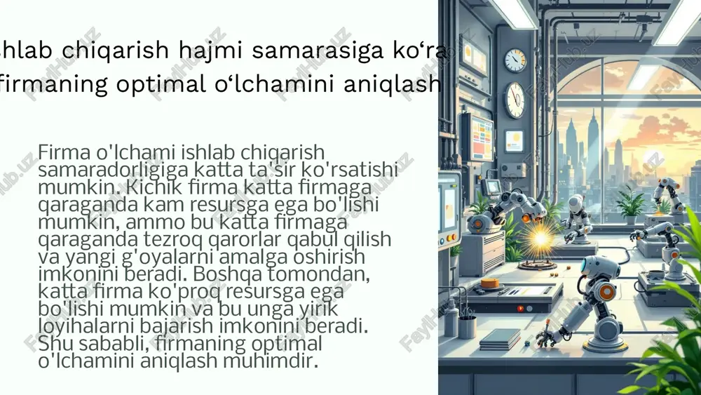 motlar tahlili ma'lumotlar tahlili xarajatlarni kamaytirish va samaradorlikni oshirish imkoniyatlarini aniqlashga yordam beradi. 8 maxsulot narxi va xarajatlar mahsulot narxi xarajatlar maxsulot narxi mijozlar tomonidan to'lanadigan narxdir. xarajatlar - bu ishlab chiqarish jarayonida to'lanadigan barcha xarajatlar. narxni belgilash firmaning foydasini oshirishga yordam beradi. xarajatlarni optimallashtirish firmaning samaradorligini oshiradi. 9 bozor ulushi va bozordagi raqobat bozor ulushining o'sishi bozor ulushining o'sishi raqobatdosh bozorlarda muhim rol o'ynaydi. bu firma uchun daromad va foydaning ko'payishiga olib keladi. raqobatni kuchaytirish yuqori bozor ulushiga ega bo'lish raqobatni kuchaytirishi mumkin, chunki boshqa firmalar bozor ulushini tortib olish uchun harakat qilishadi. mahsulot differensiatsiyasi firmalar o'z mahsulotlarini raqobatdosh mahsulotlardan ajratib ko'rsatish orqali bozor ulushini oshirishga harakat qilishadi. narx strategiyasi firmalar o'z mahsulotlarining narxini bozor ulushini oshirish uchun moslashtirishlari mumkin, raqobatchilar bilan narx urushini boshlamasdan. 10 masshtab samaradorligi va tejamkorlik masshtab samaradorligi ishlab chiqarish hajmi oshganda, birlik xarajatlari kamayadi. bu ko'proq resurslarni optimal tarzda ishlatish va xarajatlarni taqsimlash orqali …