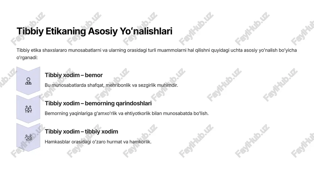 gan kasalliklar. tibbiy xatolar va huquqbuzarliklar tibbiy xodimning faoliyatida ham xatolar, ham tibbiy huquqbuzarliklar sodir bo»lishi mumkin, bu esa katta mas¾uliyatni talab qiladi. tibbiy xatolar adashishlar bilan bog»liq. tibbiyot xodimi o»z vazifalarini bajarishda bexosdan xatoga yo»l qo»yishi mumkin. tibbiy huquqbuzarliklar o»z kasbiy majburiyatlariga befarq munosabatda bo»lishdan kelib chiqadi. masalan, dori vositalarini noto»g»ri qo»llash fojiali oqibatlarga olib kelishi mumkin. xulosa va keyingi qadamlar tibbiy etika har bir tibbiyot xodimi uchun asosiy yo»riqnoma bo»lib xizmat qiladi. bemorlarga g»amxo»rlik, professionalizm va axloqiy me¾yorlarga rioya qilish kasbimizning ajralmas qismidir. doimiy o»rganish: tibbiy etika prinsiplarini muntazam ravishda takrorlash va amalda qo»llash. muloqot madaniyati: bemorlar va ularning qarindoshlari bilan samarali va ehtiyotkor muloqotni rivojlantirish. kasbiy mas¾uliyat: tibbiy sirlarni saqlash va yatrogen kasalliklarning oldini olishga alohida e¾tibor berish.