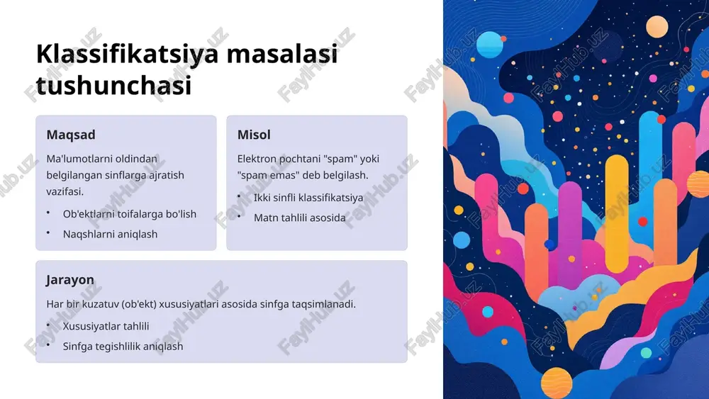 tiqbollari va xulosa 1 hozirgi holat mashina o'qitish klassifikatsiyasi turli sohalarda muhim yechimlar bermoqda va kundalik hayotimizni osonlashtirmoqda. 2 yaqin kelajak yangi algoritmlar va chuqur o'rganish texnologiyalari tezda rivojlanib, aniqlik va tezlikni oshirmoqda. 3 uzoq muddatli istiqbol kelajakda yanada aniq, tezkor va umumiy maqsadli klassifikatsiya tizimlari paydo bo'ladi. sizning imkoniyatingiz siz ham mashina o'qitish bilan tanishib, amaliy loyihalarda qo'llashingiz mumkin! bu texnologiya kelajakda eng muhim ko'nikmalardan biri bo'ladi. 10 image-1002-1.png image-1-1.png image-1003-1.png image-2-1.png image-2-2.png image-2-3.png image-2-4.png image-1004-1.png image-3-1.png image-1005-1.png image-4-1.png image-4-2.png image-4-3.png image-1006-1.png image-5-1.png image-1007-1.png image-6-1.png image-6-2.png image-6-3.png image-6-4.png image-1008-1.png image-7-1.png image-1009-1.png image-1010-1.png image-9-1.png image-9-2.png image-1011-1.png image-10-1.png made with gamma gi an wu 2a we od bote bh ry be gonna hay yd tf n = . saved onus = on a. was ~ ae. lz uf)! lael 4 lai 9 - et ldinwineites atvema2-e © © a =, iets ig os — ” *-- = » ts ee in …