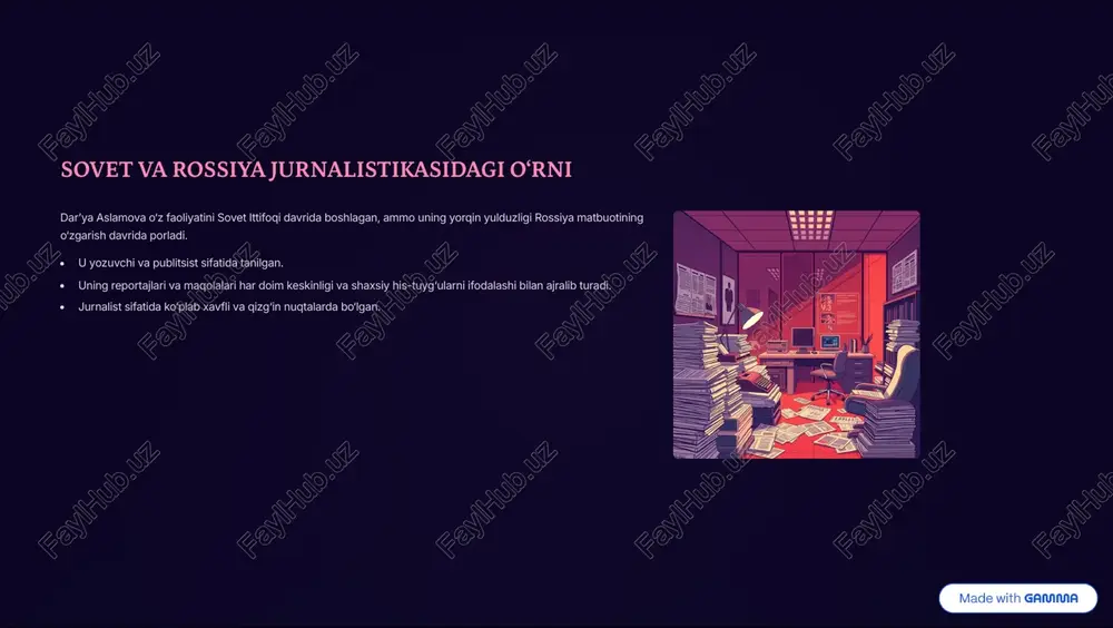 uqtalaridan bevosita reportajlar tayyorlagan. ta¾sirchan yozuvchi: "yaramas qizning sarguzashtlari" asari bilan keng kitobxonlar ommasi e¾tirofiga sazovor bo8lgan. https://gamma.app/?utm_source=made-with-gamma