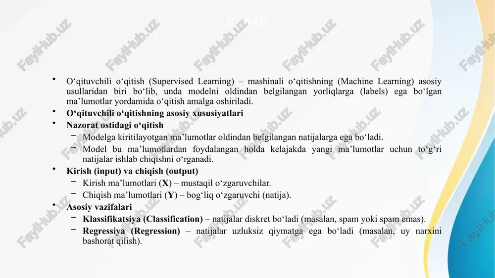 ituvchili o‘qitish usuli, klassifikatsiyalash muammolarini hal qilish uchun keng qo‘llaniladi, masalan: elektron pochta xabarlarini spam va spam emas deb tasniflash. rasmlardagi ob`yektlarni aniqlash. regressiya: o‘qituvchili o‘qitish usuli regressiya masalalarida ham qo‘llaniladi, masalan: uydagi narxlarni prognozlash. sotuvlarni oldindan aytish. chiziqli regressiya chiziqli regressiya – bu eng asosiy statistik tahlil va mashinani o‘qitish modellaridan biri bo‘lib, u bir yoki bir nechta mustaqil o‘zgaruvchilar (x) va bog‘liq o‘zgaruvchi (y) orasidagi bog‘liqlikni matematik ifodalash uchun ishlatiladi. chiziqli regressiya tushunchasi 19-asrda matematik va psixolog frensis galton va karl pirson tomonidan rivojlantirilgan. aslida, regressiya tushunchasi frensis galton tomonidan ilk bor odamlarning bo‘y uzunligi bo‘yicha merosiy xususiyatlarini tadqiq qilishda ishlatgan. keyinchalik, karl pirson regressiyaning matematik asoslarini mustahkamlab, uning formulalarini ishlab chiqqan. bugungi kunda chiziqli regressiya admiral gauss va adrien-marie legendre kashf etgan eng kichik kvadratlar usuli (least squares method) orqali yechiladi. chiziqli regressiya chiziqli regressiya dasturiy ta'minot va hisoblashda osonlik bilan qo'llaniladigan statistik usuldir. kompaniyalar undan xom …