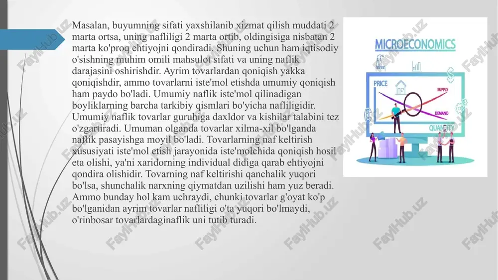 :agar bir shaxs biror mahsulotni ketma-ket ko‘proq va ko‘proq miqdorda iste’mol qilsa, u holda har bir qo‘shimcha birlikdan olinadigan naflilik asta-sekin kamayadi. asosiy xususiyatlar: dastlabki birliklar yuqori naflilik beradi (masalan, suv ichish suvga chanqagan odam uchun juda qimmatli).vaqt o‘tishi bilan yoki ko‘proq iste’mol qilinganda, bu mahsulotdan olinadigan qoniqish kamayadibiror vaqtda, hatto iste'molchi iste'moldan charchab, qo‘shimcha birlik iste’mol qilishni istamasligi ham mumkin (naflilik 0 yoki salbiy bo‘lib qoladi). --- yana tushunarliroq qilish uchun misol: tasavvur qiling: siz juda chanqagansiz. 1-stakan suv ichdingiz — juda katta qoniqish (naflilik juda yuqori). 2-stakan suv ichdingiz — qoniqish bor, lekin birinchisiga qaraganda kamroq. 3-stakan suv ichdingiz — qoniqish yana kamaydi. 4-stakandan boshlab — siz endi to‘yingansiz, va ichilsa noqulaylik paydo bo‘lishi mumkin. tasavvur qiling: siz juda chanqagansiz. 1-stakan suv ichdingiz — juda katta qoniqish (naflilik juda yuqori). 2-stakan suv ichdingiz — qoniqish bor, lekin birinchisiga qaraganda kamroq. 3-stakan suv ichdingiz — qoniqish yana kamaydi. 4-stakandan …