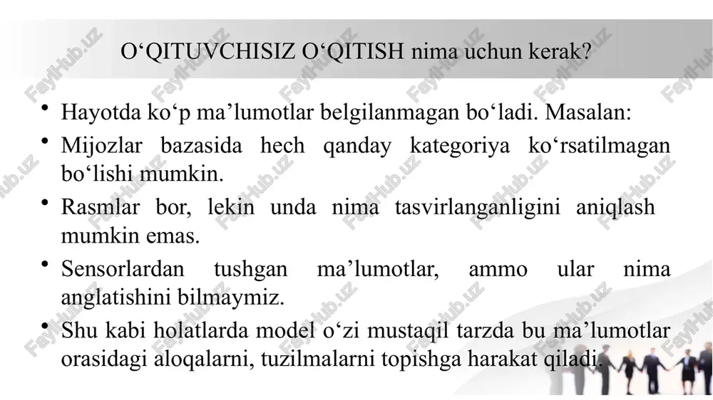 aydi.,o‘rganish jarayonida ma’lumotning yashirin tuzilmasini o‘zlashtiradi oʻqituvchisiz oʻqitish oʻqituvchisiz oʻqitish (unsupervised learning). oʻqituvchisiz oʻqitish usulidan maqsad, belgilanmagan maʼlumotlar orqali modelni oʻrgatish hisoblanadi. masalan, bizda bir qancha meva rasmlari bor va ular belgilanmagan (ya’ni, qaysi rasmda qanday meva borligi haqida bizda maʼlumot yoʻq). lekin oʻqituvchisiz oʻqitish usullaridan foydalanib modelni ushbu belgilanmagan rasmlar orqali oʻqitamiz, bunda model oʻrganish jarayonida maʼlumot birliklarining oʻxshashlik alomatlariga qarab (rangi, shakli, mazasi va hk.) tasniflay oladi. o‘qituvchisiz o‘qitish va k-means clustering o‘qituvchisiz o‘qitish (unsupervised learning) va k-means clustering bir-biriga bog‘liq tushunchalar bo‘lib, ular ma'lumotlarni tahlil qilishda va o‘rganish jarayonida o‘zaro aloqaga ega. k-means clustering — bu o‘qituvchisiz o‘rganish algoritmlaridan biri bo‘lib, asosiy maqsadi ma'lumotlarni bir nechta guruhlarga ajratishdir. bu metodda, har bir guruh o‘zining o‘ziga xos xususiyatlari yoki "markeri" (cluster center) orqali aniqlanadi. k-means clustering algoritmi qanday ishlaydi: guruhlarni tanlash (k): dastlab, o‘quvchi algoritmga qaysi sonli guruhlar (k) kerakligini belgilaydi. masalan, agar k=3 bo‘lsa, algoritm ma'lumotlarni uchta …