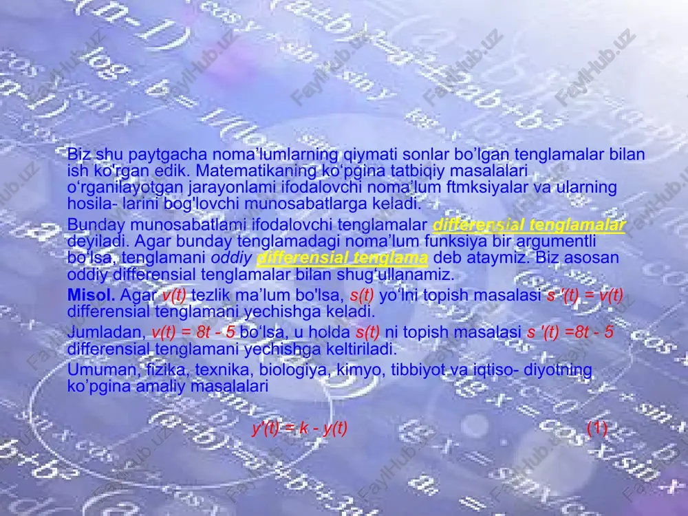 dagi ko'rinishni oladi: _ masalan, radiy uchun t ≈ 1550 yil. shunga ko‘ra million yildan keyin radiyning boshlang‘ich massasidan qoladi. ko‘pgina amaliy masalalar davriy jarayonlarni o‘rganishga keladi. masalan, niatematik mayatnik yoki torning harakati, o‘zgaruvchan tok, magnit maydon bilan bog'liq bo‘lgan jarayonlar. bunday jarayonlar garmonik tebranishlar deyiladi. garmonik tebranishlar (5) differensial tenglamani yechishga keltiriladi, bu yerda — berilgan musbat son. bu tenglamaning yechimlari (6) ko‘rinishdagi funksiyalardan iborat, a va o‘zgarmas sonlar masalaning shartlari bo‘yicha aniqlanadi. masalan, agar y(t) erkin tebranayotgan tor nuqtasining t momentdagi muvozanat holatidan chetlanishi bo‘isa, u holda y(t) = acos( t + ) bo‘ladi, bu yerda a — tebranish amplitudasi, — chastota, — boshlang‘ich faza. garmonik tebranishlarning grafiklari sinusoida ko‘rinishida bo‘ladi. yuqorida qaralgan misollar mazmunida nuqta koordinatasidan iborat x(t) kabi noma’lum (izlanayotgan) funksiyalar, ularning x'(t), x"(t) kabi hosilalari va t erkli o‘zgaruvchilar qatnashadi. demak, ulardan tuzilgan tenglamalar differensial tenglamalardir. tenglama tarkibidagi hosilaning eng yuqori tartibi shu tenglama­ning tartibi …