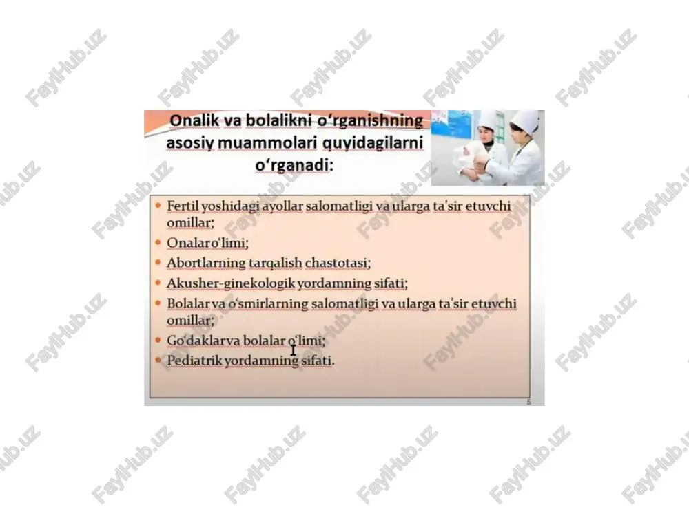 ini shakllantirish; bolalar, homilador hamda emizikli ayollarni vitamin va minerallar bilan bepul ta’minlash hamda maqsadli skrining tadbirlari orqali kasalliklarning samarali profilaktikasini olib borish; b) 2022-2026 yillarda onalar va bolalar uchun tibbiy xizmat ko‘rsatiladigan ob’ektlarni rekonstruksiya qilish, mukammal ta’mirlash va moddiy-texnika bazasini mustahkamlash; v) diagnostika va davolashning yuqori texnologiyali hamda innovatsion usullarini amaliyotga joriy etish hamda soha xodimlarining ilmiy salohiyatini muntazam oshirib borish. 2. 2022-2026 yillarda onalik va bolalikni muhofaza qilishni kuchaytirish bo‘yicha chora-tadbirlar rejasi 1-ilovaga muvofiq tasdiqlansin. 3. sog‘liqni saqlash vazirligi, iqtisodiy taraqqiyot va kambag‘allikni qisqartirish vazirligi, investitsiyalar va tashqi savdo vazirligi, moliya vazirligining quyidagilarni nazarda tutuvchi takliflariga rozilik berilsin: universitet 5. bolalar er limi ko'rsatkichlari p> ohalik va bolaliknt-o:rzanishning sg sw 7 ~ asosiymuammolari quyidagilarni >yy o‘rganadi: m4 * fertil yoshidagi ayollar salomatligi va ularga ta'sir etuychi omillar; * onalaro'limi; * abortlarning targalish chastotasi; * akusher-ginekologik yordamning sifati; bolalarva o'smirlarning salomatiligi va ularga ta'sir etuychi omillar; * go'daklarva bolalar …