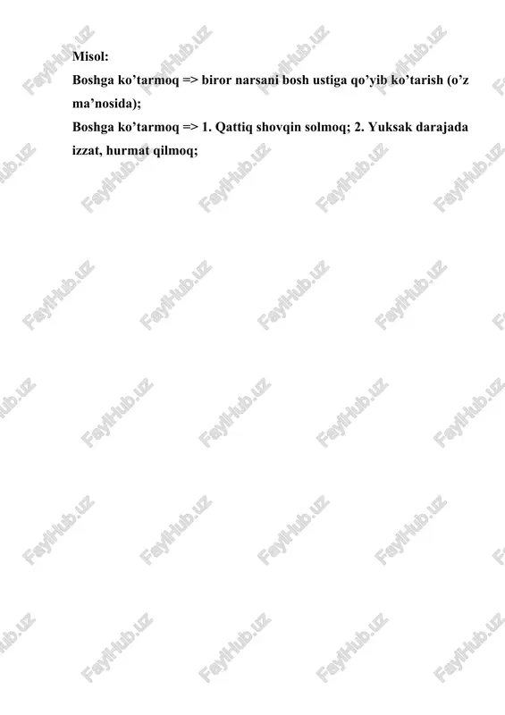 laffuz) xayol – fikr, tasavvur, o’y hayal – ayyor, makkor (arab tilidan) topshiriq 2 omonim munosabatidagi iboralar 1. boshga ko’tarmoq o’z ma’nosi: biror narsani bosh ustiga qo’yib ko’tarish misol: yukni boshga ko’tarib olib ketdi. ko’chma ma’no 1: qattiq shovqin solmoq, g’ala-g’ovur qilmoq misol: bolalar uyni boshga ko’tarishdi. ko’chma ma’no 2: yuksak darajada izzat-hurmat qilmoq, ulug’lamoq misol: xalq uni boshga ko’tardi. 2. boshi qotmoq o’z ma’nosi: boshning tinmay og’rishi misol: boshim qotib ketdi. ko’chma ma’no: biror ish bilan haddan tashqari ovora bo’lish, mashg’ul bo’lish misol: bu ish bilan boshim qotib ketdi. 3. yuz bermoq o’z ma’nosi: yuzini biror tomonga burish misol: devorga yuz berib turdi. ko’chma ma’no: sodir bo’lmoq, ro’y bermoq misol: voqea yuz berdi. 4. qo’l bermoq o’z ma’nosi: qo’lini uzatib bermoq, ko’mak qilmoq misol: menga qo’l ber. ko’chma ma’no 1: yordam bermoq, ko’maklashmoq misol: og’ir daqiqada qo’l berdi. ko’chma ma’no 2: imkon yaratmoq, sabab bo’lmoq misol: vaziyat bunga qo’l …