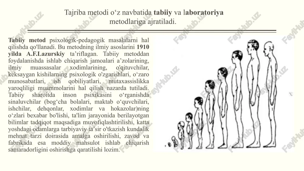 r fazilatni shakllantirish, shuningdek, ularga maqsadga muvofiq muayyan malakani, yo‘l-yo’riq va usulni o’rgatish rejalashtiriladi. tajriba yakka, guruh va jamoa tarzida o’kazilishi mumkin. buning uchun tajriba materialining hajmi, ko'lami, qancha vaqtga mo'ljallanganligi, nimalar o‘rgatilishi, sinaluvchilami psixologik jihatdan tayyorlash oldindan belgilab qo‘yilishi shart tekshirish (nazorat) tajribasida tarkib toptiruvchi bosqichda shakllantirilgan usul, vosita, yo‘l-yo‘riq, ko'nikma, malaka va shaxs fazilatlarining darajasini, barqarorligini aniqlash, ta’sirchanligiga ishonch hosil qilish uchun mohiyati har xil mustaqil topshiriqlar beriladi. tekshirish tajribasi orqali tarkib toptiruvchi eksperimentning samarasi o‘lchanadi. mazkur tajribada ham tekshiruvchi sinaluvchiga mutlaqo yordam berishi mumkin emas, aks holda tadqiqot o‘tkazish prinsipi buziladi. aniqlovchi, tarkib toptiruvchi va tekshiruvchi tajribalarda yig‘ilgan ma’lumotlar, miqdor-statistik metodlardan foydalangan holda ishlab chiqiladi, shuningdek, miqdor tahlili o‘tkazishga tayyorgarlik ko‘riladi. statistik metodlar yordamida insonning bilish jarayonlari bilan uning individual-tipologik xususiyatlari o‘rtasidagi o‘zaro bog‘liqligi va ta’siri (korrelyatsiyasi) bilish jarayonlarining his-tuyg‘u bilan boshqarilishi, aql-zakovat omillarini tahlil qilish amalga oshiriladi. so‘ngra miqdoring hamda qo‘llanilgan metodikaning ishonchlilik, aniqlilik darajasi aniqlanadi. …