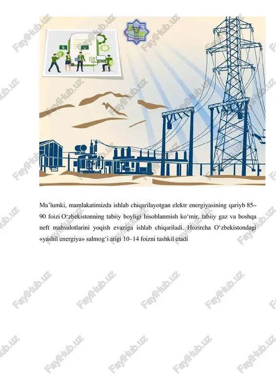 sh uchun bu ko‘rsatkichlar umumiy hisobda 8,7 % ga oshgan, ya’ni 16,42 mlrd metr/kub tabiiy gaz, 326,6 mln metr/kub yerosti gazi, 154,8 ming tonna mazut, 3,34 mln tonna ko‘mirdan issiqlik energiyasi olinib, elektr energiyasiga aylantirilgan. 2019 yilda esa o‘tgan yillarga nisbatan yirik miqdorda import qilingan elektr energiyasi hajmidan tashqari 56 413,8 mln. kvt•soat elektr energiyasi ishlab chiqarilgan. buning uchun 15,81 mlrd metr/kub tabiiy gaz, 269,2 mln metr/kub yerosti gazi, 204,4 ming tonna mazut va 3,57 mln. tonna ko‘mir yoqilgan. o‘z-o‘zidan ma’lumki, yuqorida keltirilgan raqamlar atmosferaga chiqarilgan behisob uglerod oksidi, minglab tonna kul va boshqa zararli moddalar haqida so‘zlab turibdi. ammo na chora, dunyo miqyosidagi ekotizimga yetkazilayotgan ekologik talafotlar tarkibida bu raqamlar dengizdan tomchi... e’tibor bergan bo‘lsangiz, oxirgi 3 yilda «yashil energiya», «muqobil energiya» deb ta’riflanuvchi fotoelektrstansiyalari hamda shamol generatorlarini qurish bo‘yicha xabar-yangiliklar tez-tez qulog‘ingizga chalinib qoldi. hukumat qarorlariga asosan energetika vazirligi tomonidan ishlab chiqilgan qayta tiklanuvchi energiya manbalari salmog‘ini 2030 …