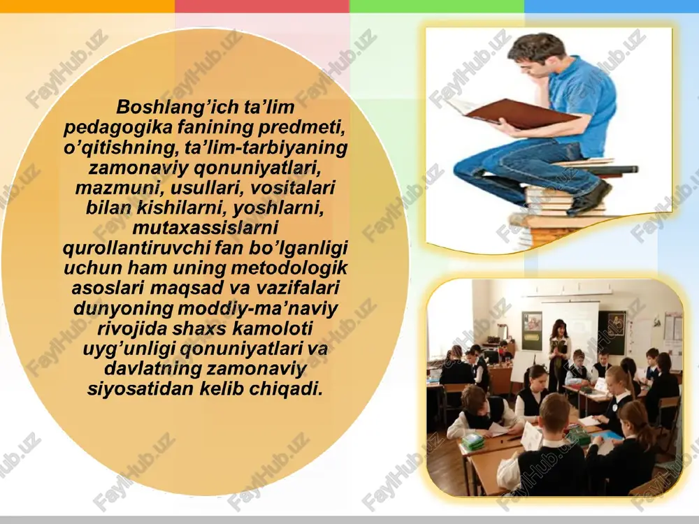 ning mazmuni, umumiy qonuniyatlari va amalga oshirishyo'llarini o’rgatuvchi fandir. bastelstunde ko’p vaqtlar pedagogika ilmiy fan sifatida faqat o’sib kelayotgan yosh avlodning tarbiyasini o’rganadi, deb qaralgan. ammo hayot amaliyoti tarbiyasiga emas, balki kattalar tarbiyasiga ham taalluqli ekanligini ko’rsatdi. shuning uchun ham keyingi paytlarda pedagogikani yosh avlodni va katta yoshdagi odamlarni tarbiyalash va o’qitish, ularga ma’lumot berish qonuniyatlarini o’rganuvchi fan, deb belgilash odatga aylandi. feodalizm jamiyatiga kelib esa har ikki kasbdagi kishilar hamkorligi natijasida ta’lim tarbiya bilan maxsus shug’ullanuvchilar vujudga kelgan. chex pedagogi ya.a.komenskiy ularni “pedagog” deb nomlagan. respublikamizda komil * ta’lim-tarbiya insonni voyaga yetkazishning | samaradorliginitinmay — bir butun holatdagi oshirish va dunyo talablari muammolarini hal qilish darajasiga olib chiqish masalalariga ijodiy umuminsoniy qadriyat va milliy * fedagogika- madaniyatning asoslarini tarbiyashunoslik goida, e’tiborga olib, ta’lim-tarbiya qonunlarni ilg’or tajribalar mazmunini, milliy mafkurani asosida boyitib borish va shakllantirib borish imkonini ——_ yangi ish shakllarini yaratish izlashga tadbirlar belgilash uzluksiz ta’lim tizimini_ * ta’limga …