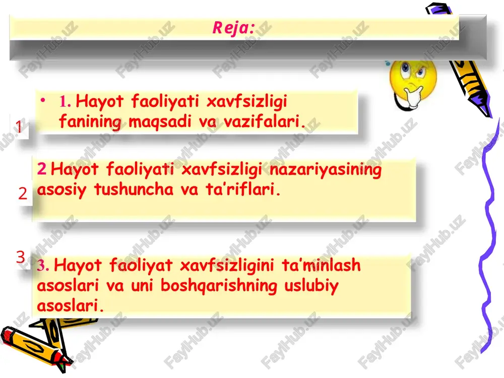 fera holatlari shu jumladan favqulodda holatlar; boshqalar. texnosferadagi asosiy oqimlar: xomashyolar, energiyalar oqimi; iqtisod sohasi mahsulotlarining oqimi; iqtisod sohasi chiqindilari; maishiy chiqindilar; informasiya oqimlari; transport oqimlari; yorug’lik oqimi (sun’iy yoritish); moddalar va texnogen avariyalardagi energiya oqimlari; boshqalar. ijtimoiy muhitdagi asosiy oqimlar: informasiya oqimlari (o’qitish, davlat boshqaruvi, xalqaro hamkorlik boshqalar); odamlar oqimi (demografik portlash, aholi urbanizasiyasi); narkotik , alkogol vositalar va boshqa oqimlari; boshqalar. hayot faoliyat jarayonida inson iste’mol qiladigan va chiqaradigan asosiy oqimlar: kislorod, oziq-ovqat, suv va boshqa moddalar (alkogol, tamaki, narkotiklar) oqimlari; energiyalar oqimi (mexanik, issiqlik, quyosh va boshqalar); informasiya oqimlari; hayot faoliyat jarayonidagi chiqindilar oqimi va boshqalar. "hayot faoliyat xavfsizligi" ko`p bo`lg`usi mutaxassislarni mehnat muhofazasining ilmiy asoslariga doir bilimlar bilan qurollantirish va ularda ishlab chiqarishdagi mehnat sharoiti hamda mehnat muhofazasini yaxshilash muammolarini ijobiy hal etishga qiziqish uyg`otishga mo`ljallangan. ishlab chiqarishda shikastlanish, kasalliklar, ishlab chiqarishda sodir bo`ladigan yong`in hamda portlashlar sabablarini har tomonlama tahlil qilish: ishlab chiqarishdagi xavflilik va …