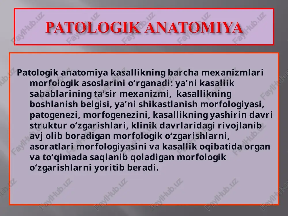 ning buzilishi, giperfunksiya, zaxarli moddalar, radiasiya, fermentopatiyalarda kuzatiladi. 2) transport tizimning buzilishi, yoki dissirkulyator distrofiya. 3)trofikaning endokrin regulyasiyasining buzilishi, tireotoksikoz, diabet, giperparatireoz va boshqalar. distrofiyaning morfogenetik mexanizmlari 4 ta: 1. infiltrasiya - fermentlar yetishmasligidan hujayralarga yoki oraliq to‘qimaga qon va limfadan moddalarning ko‘p miqdorda kirishi yoki shimilishi 2. dekompozisiya - murakkab ultrastruktur tuzilmalarining parchalanishi va buzilgan metabolizm moddalarining to‘planishi 3. transformasiya - bir turdagi modda monomerlaridan boshqa turdagi moddaning paydo bo‘lishi 4. aynigan sintez - hujayra yoki to‘qimada meyorda uchramaydigan moddalarning sintezlanishi. bunga, amiloidoz, mallori va kaunsilman oqsillari sintezlanishini kiritsa bo‘ladi. distrofiyaning tasnifi: organ va to‘qimalarning parenxima, stromasida joylanishiga qarab: 1) parenximatoz, 2) stroma-tomir va 3) aralash distrofiyalar. qaysi bir turdagi modda almashinuvi buzilishiga qarab: 1) oqsilli, 2) yog‘li, 3) uglevodli va 4) mineralli distrofiyalar. genetik omillar ta’siriga qarab: 1) nasliy yoki birlamchi, 2) orttirilgan distrofiyalar. jarayonning tarqoqligiga qarab: 1) umumiy va 2) mahalliy distrofiya.. parenximatoz disproteinozlar morfologik jihatdan quyidagi …