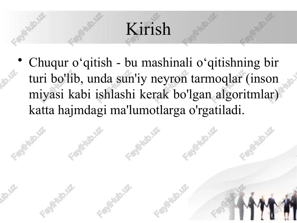 va perseptron algoritmlarida qo'shimcha parametr bo'lib, asosan neyronning chiqishini isloh qilish uchun ishlatiladi. biasning ishlash printsipi, neyronning faollashtirish funktsiyasini ma'lumotlarga ko'proq aniqlash bilan tanishtiradi. u perceptron va boshqa ko'plab neyron tarmoqlarining ma'lumotni aniqlash jarayonida muhim rol o'ynaydi. 2. forward propagation (oldinga uzatish) ma’lumot kirish qatlamidan chiqish qatlamigacha ketma-ket o‘tadi. chuqur o‘qitishning asosiy mexanizmlari 3. backpropagation (orqaga tarqatish) tarmoq xatolik (loss) darajasini o‘lchaydi. keyin bu xatolik orqaga uzatiladi va og‘irliklar yangilanadi: gradient descent algoritmi yordamida. 4. yo‘qotish funksiyasi (loss function) model qanchalik noto‘g‘ri javob berganini o‘lchaydi. masalan: klassifikatsiya uchun: cross-entropy regressiya uchun: mean squared error chuqur o‘qitishning asosiy mexanizmlari cross-entropy — model bashorati bilan haqiqiy qiymat (label) orasidagi farqni o‘lchaydigan xatolik funksiyasi. mean squared error -bu modelning chiqishi bilan haqiqiy qiymat o‘rtasidagi farqni kvadrat qilib, o‘rtachasini olish orqali hisoblanadigan xatolik (loss) funksiyasi. chuqur o‘qitishning ishlash algoritmi ishlash algoritmi quyidagicha: -ma’lumotlar kiritiladi -tarmoq orqali oldinga uzatiladi -chiqish baholanadi xatolar hisoblanadi (loss) xatoni …