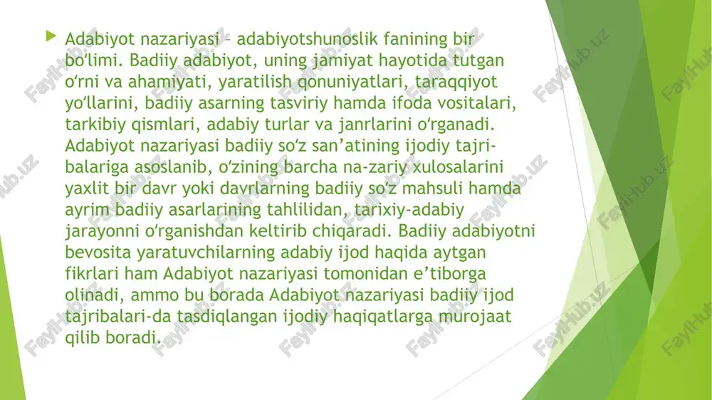 shqa badiiy adabiyot qonuniyatlarini yaxlit oʻrganuvchi adabiyot nazariyasi yaratishni boshlab berdilar. rossiyada m. v. lomonosov, a. n. radishchev, v. g. belinskiy, n. g. chernishev-skiy, a. n. dobrolyubov, a. i. gersen va boshqa adabiy-nazariy qarashlar rivojiga muayyan hissa qoʻshdilar. adabiyot nazariyasi badiiy asarning tarkibiy qismlari (syujet, konflikt, kompozitsiya va boshqalar), adabiy turlar va janrlar haqidagi masalalarni keng yoritadi. insoniyat tarixida boʻlgan ijodiy uslublar, adabiy oqimlar, maktablar adabiyot nazariyasida oʻzining aniq ta’rifu tavsifini topadi. oʻtmish adabiyot bilan hozirgi zamon adabiyoti oʻrtasidagi doimiy vorislik (an’ana va yangilanish) masalalari ham adabiyot nazariyasiga aloqadordir. turli xalqlar adabiyotlari oʻrtasidagi oʻzaro ta’sir va bir-birlarini boyitishdan iborat ijobiy tarixiy jarayonning qonuniyatlarini aniqlash ham adabiyot nazariyasi ning doimiy oʻrganuvchi sohalaridan birini tashkil etadi. dunyo xalqlari she’riyatiga xos tizimlar, ularning tuzilishi va shakllari adabiyot nazariyasi ning bevosita tadqiqot manbaidir. badiiy adabiyotning oʻtmishi, hozirgi ahvoli va istiqboldagi rivojlanish tamoyillarini belgilab berish eng muhim vazifasi sanaladi. .sharqda adabiyot nazariyasining yuqorida qayd etil-gan …