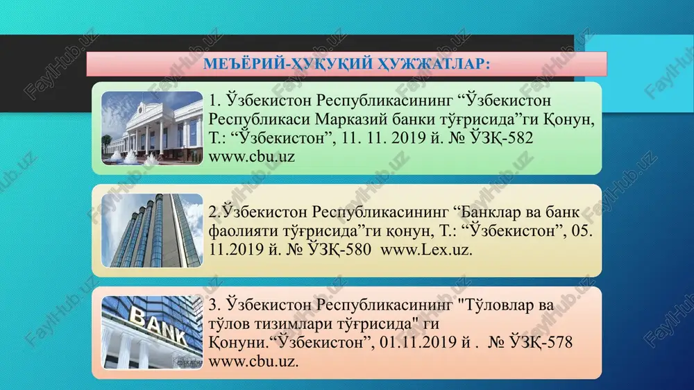 9 yil 1 noyabrda qabul qilingan “to'lovlar va to'lov tizimlari to'g'risida”gi qonuni muxim ahamiyat kasb etadi. mazkur qonun, markaziy bank tomonidan xalqaro ekspertlar ishtirokida umume'tirof etilgan xalqaro norma va qoidalar, xorijiy davlatlarning tajribasiga asoslanib ishlab chiqilgan va 2020 yil 3 fevral sanasidan kuchga kirgan. mamalkatimizda, mazkur qonun qabul qilinguniga qadar to'lov tizimlari sub'ektlari, xususan, to'lov tashkilotlari faoliyatini nazorat qiladigan vakolatli davlat organi maqomi belgilanmagan hamda elektron pullar muomalasini tartibga soladigan normalar mavjud emas edi. qonunning qabul qilinishi:  to'lovlar va to'lov tizimlari sohasida yagona davlat siyosatini yuritishni, yagona normativ-huquqiy baza yaratilishini;  markaziy bank tomonidan to'lov xizmatlari bozorini, to'lov tizimlari, to'lov tizimlarining operatorlari va to'lov xizmatlarini ko'rsatuvchilarning faoliyatini samarali nazorat qilinishini;  to'lov xizmatlarining ommabopligi va shaffofligini oshirishni, jumladan uzoq va chekka hududlarda ham kengayishini;  elektron pullar muomalasiga doir munosabatlarni va uning ishtirokchilari faoliyatini tartibga solinishini ta'minlamoqda. raqamli iqtisodiyot nima? raqamli iqtisodiyot – bu iqtisodiy, ijtimoiy va madaniy aloqalarni …