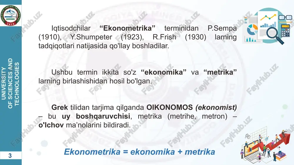kin. ekonometrik modellash iqtisodiy ko'rsatkichlarni o'zgarish qonuniyatlarini, tendensiyalarni aniqlash natijasida ekonometrik modellar yordamida iqtisodiy jarayonlarni rivojlanish va prognozlash yo'llarini belgilaydi. iqtisodiy ma'lumotlar dinamik qator yoki dinamik ustun ko'rinishida tuziladi, ya'ni ular vaqt bo'yicha o'zgaradilar. 9 university of sciences and technologies 1) ekonometrik usullar yordamida moddiy, mehnat va pul resurslaridan oqilona foydalaniladi. ekonometrik modellashtirish va modellarning ahamiyati quyidagilarda namoyon bo'ladi: 2) ekonometrik usullar va modellar iqtisodiy va tabiiy fanlarni rivojlantirishda etakchi vosita bo'lib xizmat qiladi. 3) ekonometrik usullar va modellar yordamida tuzilgan prognozlarni umumiy amalga oshirish vaqtida ayrim tuzatishlarni kiritish mumkin bo'ladi. 4) ekonometrik modellar yordamida iqtisodiy jarayonlar faqat chuqur tahlil qilibgina qolmasdan, balki ularning yangi o'rganilmagan qonuniyatlarini ham ochishga imkoni yaratiladi. shuningdek, ular yordamida iqtisodiyotning kelgusidagi rivojlanishini oldindan aytib berish mumkin. 5) ekonometrik usullar va modellar hisoblash ishlarini avtomatlashtirish bilan birga, aqliy mehnatni engillashtiradi, iqtisodiy soha xodimlarining mehnatini ilmiy asosda tashkil etadi va boshqaradi. 10 university of sciences and technologies …