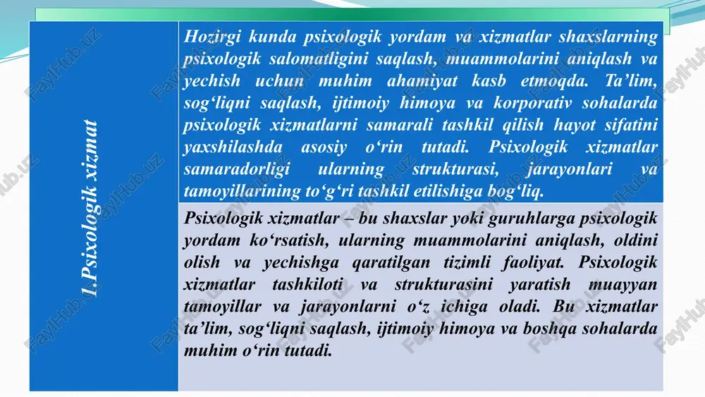 ining asosiy elementlari rahbariyat psixologik xizmatni boshqaruvchi markaziy bo‘lim.maqsad: xizmatni samarali rejalashtirish va nazorat qilish. diagnostika bo‘limi psixologik muammolarni aniqlash va baholash uchun testlar, so‘rovnomalar va kuzatuv usullaridan foydalaniladi. maslahat berish bo‘limi shaxslar yoki guruhlar bilan suhbatlar o‘tkazish orqali psixologik yordam ko‘rsatish. 7 profilaktika va rivojlantirish bo‘limi stressni kamaytirish, ijobiy muhit yaratish va profilaktik tadbirlarni o‘tkazish. psixokorreksiya va terapiya bo‘limi shaxsiy va guruhiy muammolarni hal qilish uchun turli terapiya usullarini qo‘llash. masalan: art-terapiya, o‘yin terapiyasi, musiqaterapiya. ijtimoiy xizmatlar bilan hamkorlik ta’lim tashkilotlarida, sog‘liqni saqlash tashkilotlari va ijtimoiy himoya tizimlari bilan aloqada bo‘lish. psixologik xizmatlarni tashkil qilish tamoyillari maqsadga yo‘naltirilganlik har bir xizmatning aniq maqsadi bo‘lishi lozim. maxsus yondashuv har bir shaxs yoki guruhning ehtiyojlariga mos yondashuv. yaxlitlik xizmatlar tizimi bir-biri bilan uzviy bog‘liq bo‘lishi kerak. etika va maxfiylik shaxsiy ma’lumotlar himoyasi va axloqiy tamoyillarga rioya qilish. doimiy monitoring psixologik xizmatlarning samaradorligini baholash va takomillashtirish. psixologik xizmatlarning qo‘llanilishi: 1. ta’lim sohasida …