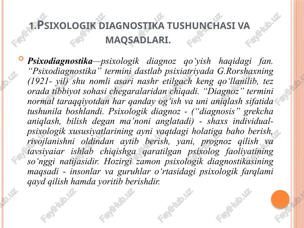 aridan biri sifatida psixodiagnostika quyidagi vazifalami bajaradi: muayyan xususiyatning rivojlanish holatini aniqlash. uning rivojlanish dinamikasini hamda ma’lum vaqt oralig'ida qayta tuzilishini aniqlash. individ yoki guruh psixologiyasi hamda xulq-atvorida o'quv-tabiyaviy ta’surot natijasida vujudga kelgan real o‘zgarishlami aniqlash. shaxs xususiyatlari rivojlanish dinamikasi va qonunlarini tuhlil qilish asosida uning rivojlanish perspektivasini aniqlash. tekshirilgan kishilar yoki guruhni kelgusida rivojlanishda erishilgan natijalami hisobga olgan holda differensial tarzda ish olib borish uchun kategoriyalarga ajratish. individ yoki guruhlarning (u yoki bu ishni bajarish, masalan, o‘z xizmat vazifalarini bajarishga) kasbiy tayyorgarligini, layoqatliligini aniqlash. individ yoki guruh psixologiyasi va xulq-atvorini psixokorreksion ishlarni olib borish maqsadida o'rnatilgan tibbiy, ijtimoiy normalarga mos yoki mos emasligini aniqlash. individ yoki guruhga hayotiy tomonini (kasb,umr yo‘ldoshi) aniqlash maqsadida tavsiyalar ishlab chiqish. yuqorida ta’kidlangan vazifalar amaliy psixodiagnostikaning umumiy vazifalaridir. ulardan ko‘pchiligi u yoki bu darajada maktabgacha ta’lim muassasalari, umumta’lim maktablari, o'rta maxsus ta’lim muassasalarida turli yosh davridagi bolalar bilan mos ravishda ish olib borish uchun …
