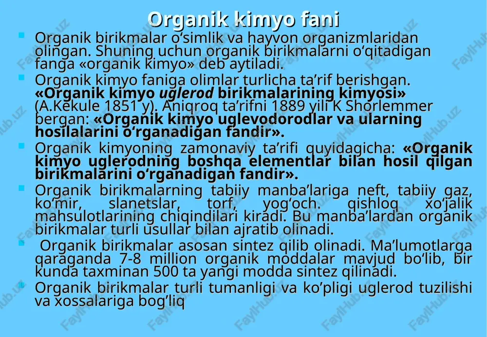 glitserin yog`lardan olindi. xix asr boshlarida organik moddalarning tabiati hali tushunarli emas edi. 1784 yili a. lavuaz'e vino spirti, moylar, mumlarni yoqib ulardan hosil bo`lgan karbonat angidridi va suv miqdorini o`lchadi va tarkibini aniqladi. lavuaz'e o`sha paytda organik moddalar murakkab radikallarning kislorod bilan birikishidan hosil bo`ladi deb fikr yurgizardi. gey-lyussak, tenar, bertselius va ayniqsa libihning taxliliy ishlari organik moddalar tarkibini va undagi elementlar nisbatini aniqlashga imkon berdi. organik kimyo nazariy tushunchalarini rivojlanishi radikallar nazariyasi: berselius noorganik birikmalarning kimyoviy bog‘larini elektrokimyoviy nazariyasini yaratgan. bu nazariyaga asosan hamma birikmalar qarama-qarshi ionlardan tashkil topgan va ular o‘zaro elektrostatik tortilib turadi. organik birikmalarda ionlarning o‘rnida radikallar bo‘lib, bu radikallar reaksiyalarda bir moddadan ikkinchisiga o‘zgarmasdan o‘tadi. m-n: c6h5-cooh, c6h5-cho, c6 h5-sosl. keyinchalik radikallar nazariyasi inqirozga uchradi, ya’ni organik birikmalarning vodorodi o‘rniga xlor va boshqa guruhlarni almashtirish aniqlandi (metalepsiya). m-n: ch3n  ch3sl 1838 yilda dyuma ch3cooh dan ccl3coh oldi va uning fizik xossalaridagi ayrim o`zgarishlarini …