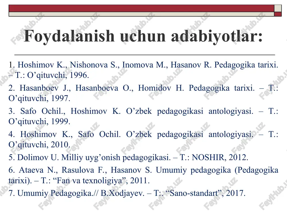 lar * ieroglif yozuv – bir so’zni belgilaydigan surat belgisi «avesto» 21 bo’limdan iborat ulkan kitob zardushtiylik ta’limotida ilgari surilgan asosiy g’oyalar: xaliq pedagogikasi– tәrbie jөnіndegі xaliqtiң bіlіm-tәjіribesі «o’rxun-enasoy yozma yodgorliklari» (vi-vii asrlardagi turkiy-runiy yozuvida yozilgan) arab istilochilari viii asrning o’rtalariga kelib o’rta osiyoni to’la zabt etishga erishdilar. arablar tomonidan bosib olingan yerlarda xalqlar islom dinini qabul qilishga majbur etildi. jahon madaniyati xazinasining tarkibiy qismlaridan biri hisoblangan arab tilidagi adabiyot faqatgina arablar emas, balki ko’pgina xalqlar namoyandalari tomonidan yaratilgan o’lmas yodgorlik bo’lib, u o’z taraqqiyotida uzoq va murakkab yo’lni bosib o’tdi. arab istilochilarining movarounnahrdagi g’alabasidan so’ng barcha mustamlaka mamlakatlar qatori u yerda ham arab tilini o’rganish joriy etildi. islom dinining tarqalishi va uning ta’lim-tarbiyaga ta’siri arab xalifaligi tasarrufiga olingan barcha mamlakatlarda masjidlar qoshida maxsus maktablar tashkil etildi. biroq o’g’il bolalargina mazkur maktablarda savod o’rganish huquqiga ega bo’ldilar. ota-onalar bolalarni 6-7, hatto 5 yoshidan maktabga bera boshlaydilar. maktablar, shuningdek, keyinchalik bunyod …
