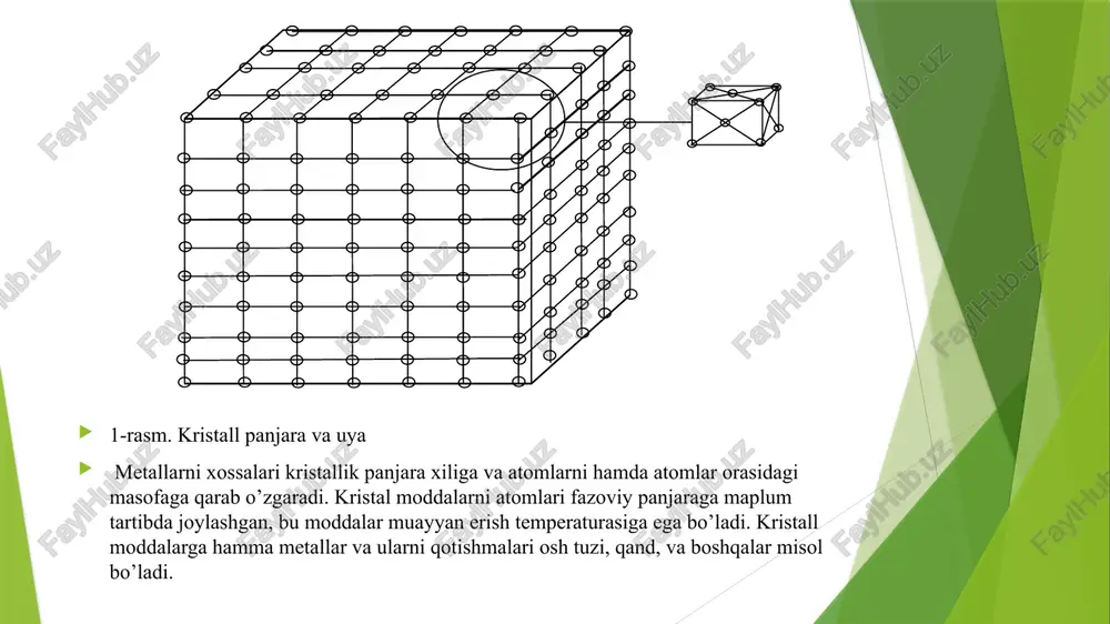 og’liq. demak, metallarni suyuq holatdan qattiq holatga o’tish jarayoni, atomlarni to’g’ri tartibda joylashishi (kristall panjara hosil qilishi ) dan iborat suyuq metallning qattiq holatiga o’tish jarayoni birlamchi kristallanish deb ataladi. 3-rasm.kristallanish jarayonini etaplari . ba’zi bir metall va qotishmalarda kristallanish jarayoni tugagandan keyin ham, ularni tuzilishida o’zgarish davom eatdi. bu jarayonni ikkilamchi kristallanish deb aytiladi. qattiq holatdagi metall tuzilishida yuz beradigan o’zgarishlar allotropik o’zgarishlar deb aytiladi. ikkilamchi kristallanish jarayoni shundan iboratki, ma’lum temperaturada metallni kristall panjarasi o’zgaradi. bu o’zgarish vaqtida atomlar kayta gruppalanib, yangi kristall panjara hosil qiladi. ikkilamchi kristallanish vaqtida metallni xossalarini o’zgarishiga sabab shu. bunday o’zgarishlarni metallarga termik ishlov berish jarayonida kuzatish mumkin. ishni bajarish tartibi mazkur uslubiy ko’rsatma va adabiyotlardan metallarning kristallanishini aniqlash usullarini o’rganish. metallarning kristal panjaralarining sxemasi va turlarini sxematik ravishda chizib olish. bitta metalning kristallanish etaplarini anqlab chizish. uglerodli po’latlarning kristallanishini aniqlash. metallarning kristallanishi to’g’risida xulosa chiqarish nazorat savollari. kristallografik tekisliklar deb nimaga aytiladi? …