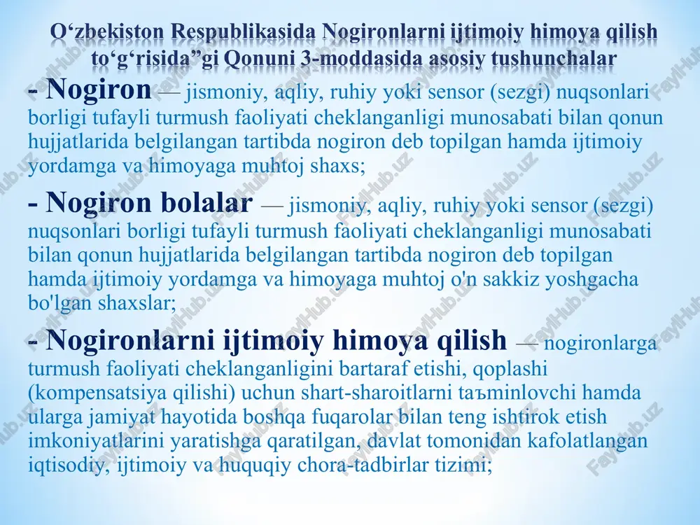 og‘likni saqlash vazirligi tomonidan tasdiqlangan shakl bo‘yicha bolaning tibbiy kartasi va profilaktik emlash kartasi ko‘p tarmoqli ixtisoslashtirilgan maktabgacha ta’lim tashkilotlaridagi jismoniy yoki psixik rivojlanishida nuqsonlari bo‘lgan bolalar uchun mo‘ljallangan guruhlarga bolalarni qabul qilish uchun quyidagilar talab etiladi adabiyotlar ro‘yxati: 1. o‘zbekiston respublikasining konstitutsiyasi. – t.: o‘zbekiston, 2023 y . 2. 2019 yil 16 dekabrda qabul qilingan o‘zbekiston respublikasining «maktabgacha ta’lim va tarbiya to‘g‘risida»gi o‘rq-595-sonli qonuni. 3. 2020 yil 5 oktyabrda qabul qilingan o‘zbekiston respublikasining «nogironligi bo‘lgan shaxslarning huquqlari to‘g‘risida»gi o‘rq-641-sonli qonuni. 4. sh.m.mirziyoyev “qonun ustuvorligi va inson manfaatlarini ta’minlash – yurt taraqqiyoti va xalq farovonligining garovi” o‘zbekiston. 2017. 5. sh.m.mirziyoyev “buyuk kelajagimizni mard va oliyjanob xalqimiz bilan birga quramiz” o‘zbekiston. 2017. 6. sh.m.mirziyoyev “tanqidiy tahlil, qatiy tartib –intizom va shaxsiy javobgarlik- har bir rahbar faoliyatining kundalik qoidasi bo‘lishi kerak” o‘zbekiston. 2017. 7. sh.m.mirziyoyev “erkin va farovon demokratik o‘zbekiston davlatini birgalikda barpo etamiz.” o‘zbekiston. 2017. 8. sh.m.mirziyoyev “konstitutsiya-erkin va farovon hayotimiz, …