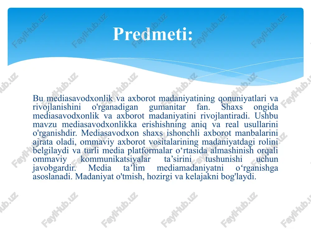 tsenzura yoki biryoqlamalik mavjudligini (shuningdek, bunday xatti-harakatlarning sabablarini) ko'rish uchun kerak, chunki ommaviy axborot vositalari xabarlarini tahlil qilish va tarkibiy elementlarni, masalan, ommaviy axborot vositalariga egalik qilish, ularning moliyalashtirish modeli - bu ma'lumotlarga ta'sir qiladi. media savodxonlik mediasavodxonlik odamlarni mediaxabarlarning malakali yaratuvchisi va ishlab chiqaruvchisi qilish, har bir ommaviy axborot vositalarining afzalliklari va cheklovlarini tushunish, shuningdek, mustaqil ommaviy axborot vositalarini yaratishga qaratilgan. media savodxonligining maqsadi - ommaviy axborot vositalarini iste'mol qilishni faol va tanqidiy jarayonga aylantirish, odamlarga potentsial manipulyatsiya haqida ko'proq xabardor bo'lishga yordam berish (ayniqsa reklamada) va odamlarga ommaviy axborot vositalarining va voqelikka qarashlarini shakllantirishda fuqarolik, ishtirokchi ommaviy axborot vositalarining rolini tushunishga yordam berishdir. . media savodxonlik media taʼlim - oavning zararli taʼsiri va tendentsiyalaridan himoya qilish vositasi sifatida paydo boʻldi. ushbu paradigmadan birinchi bo'lib 1930-yillarda buyuk britaniya foydalangan. media ta'lim madaniyat (lotincha cultura - yetishtirish, dehqonchilik, o`sish, ta'lim, hurmat qilish) - inson faoliyatining shaxsning o'zini namoyon qilish (taqlid …