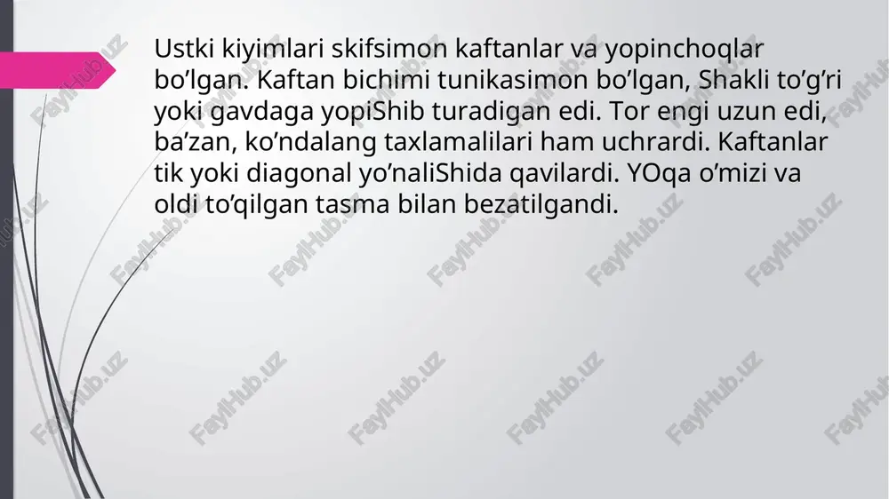 hqa rangli matodan qilingan hoshiya bilan bezatilardi. jamiyat ijtimoiy tarkibini kashovarzlar- o’rta va mayda mulk egalari, badavlat dehqonzodalar- kata mulk egalari va ularga qaram kadivarlar- ijarachi qo’shnilar tashkil etadi, mahalliy hokimliklar timsolida davlat boshqaruv tizimi yaratiladi, jamiyat asosan zardushtiylik va buddaviylik, qisman moniylik, nasroniylik va shamanism mafkurasi asosida quriladi image1.jpeg image2.jpeg image3.jpeg image4.jpeg image5.jpeg image6.jpeg image7.jpeg image8.jpeg image9.jpeg image10.jpeg ik o‘rta asrlar o‘rta osiyo xalqlari hayotida boy dehgonlar mulk egaligining shakllanishi va mahalliy hokimliklar hukmronligi davri sifatida tavsiflanadi. tadgqigotlar natijasiga ko‘ra, bu davrda mahalliy mulk egaligi, dehgonlarning paydo bo‘lishi va ular asosida qishloq hokimliklarining tarkib topish jarayoni jadal kechadi, feodal ‘munosabatlar shakllanib boradi, yerga, ishlab chigarish vositalariga egalik qilish uzil-kesil _ xususiylashadi. yuqorida ta’kidlanganidek, o‘zbekiston hududida milodiy iv-v asrdan e’tiboran o‘rta osiyoda yangi yer egaligi munosabatlari qaror topa boshladi. bu yerda dehgon yerga egalik qilib, jamoa boshlig‘i hisoblangan. ma”lum hududdagi jamoaga uyushgan erkin dehqonlar “kashovarzlar” deb atalgan. kashovarzlar jamoa boshlig …