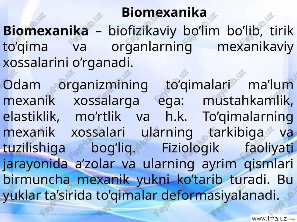 lashtiradi. agar ular bir vaqtda va bir yo’nalishda qisqarganda edi unda ular 6 * 104 n gacha juda katta kuch hosil qilgan bo’lar edi. muskulning kuchi unda bo’ladigan tolalarning miqdoriga bog’liq bo’ladi. buning uchun muskulning geometrik emas, balki fiziologik ko’ndalang kesimi o’lchanadi. fiziologik kesim muskulni tashkil etuvchi barcha tolalarning yig’indisiga tengdir. muskullar ishining 2 xil rejimi bo’ladi: izometrik, izotonik © vig pr. tayanch harakat apparati. skelet suyaklari odamning tayanch-harakat apparati skeletning bir-biri bilan birlashgan suyaklaridan iborat bo’lib, bu suyaklarga ma’lum nuqtalarda muskullar birikkan bo’ladi. skelet suyaklari richaglar kabi ishlaydi. ular bitishmalarda tayanch nuqtaga ega bo’ladi va muskullarning tortishish kuchi ta’sirida harakatga keltiriladi, tortishish kuchi esa muskullarning qisqarishidan paydo bo’ladi. © vig pr. richaglar. qo’zg’almas aylanish o’qiga ega bo’lgan qattiq jismn richag deb ataladi. o’zaro joylashuviga qarab 2 tur richaglar farqlanadi. 1-tur richag. kuch tayanch nuqtasining ikkala tomoniga qo’yilgan. muvozanat sharti: mn: bosh skeleti 1-umurtqa bilan qo’shilgan joyi. r - bosh …