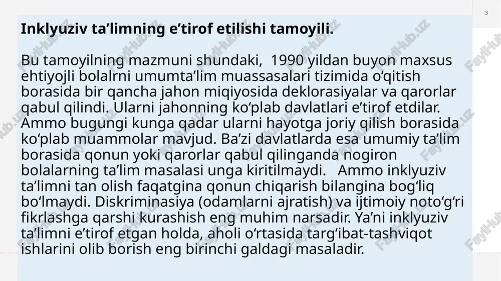 ta’lim olish imkonini beradi. bu ularning shaxsiy sifatilarining shakllanishida muhim ahamiyatga ega. nogiron bolaning normal rivojlanishiga halaqit berish, nogironlikdan ham og‘irroq holatlarga olib kelishi mumkin. wednesday, september 25, 2024 sample footer text 6 wednesday, september 25, 2024 sample footer text 7 inklyuziv ta’limda kompleks yondashishi tamoyili. nogiron bolalarga ularga nogiron deb faqatgina nuqson jihatdan yondashishi emas, balki bu bolalarga har tomonlama yondashish lozim. bu esa maxus ehtiyojli bolalar uchun ta’lim masalasini rejalashtirayotgan uning butun hayoti davomida yuzaga kelishi mumkin bo‘lgan ehtiyojini hisobga olgan holda tuzishni talab etadi. bundan tashqari inklyuziv ta’limda nogiron boladagi mavjud nuqonlarni bartaraf etish, korreksiyalash, kompensasiya qilish bilan bir qatorda bilim ko‘nikmalarga ega qilish, kasb hunarga o‘rgatish ishlarini parallel ravishda olib borish talab etiladi. bu tamoyilning mohiyatida maxsus ehtiyojli bolalarga ilk yosh davrida erta yondashish ham yotadi. maxsus ehtiyojli bolalar ta’limi boshlang‘ich va o‘rta-maxsus ta’limni olishlari blan yakunlanmasligi kerak. nogiron bolalarning kasb-hunar ta’limi va oliy ta’limi ham …