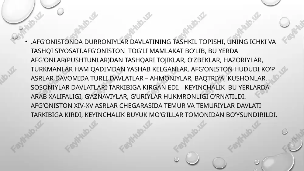 o’z irodasi, jasurligi va uzoqni ko’ra olishi bilan ajralib turardi. do’st muhammad 1819 yilda qobulni bosib oldi, lekin uni uni akasi, kashmir hukmdori azimxonga berishga majbur bo’ldi. 1823 yilda azimxon vafotidan keyin aka-ukalar o’rtasida taxt uchun kurash kuchaydi. 1826-yilda qobul hukmdori bo’lgan do’st muhammadxon afg’onistonni birlashtirib, amir unvonini oldi. lekin uning hukmronligi qobul atrofidagi chog’roq hududdagina amal qilardi. afg’onistonning qolgan qismi do’st muhammadning og’a-inilari bo’lgan xonlar o’rtasida taqsimlangan bo’lib, hirotni esa hamon sadazoiylar boshqarardi.vaziyatning murakkabligi yana shundan iborat ediki, afg’oniston bu vaqtda kuchli davlatlar tomonidin o’rab olingan edi. bir tomondan hojarlar eroni, ikkinchi tomondan sikxlarning panjob davlati xavf solib turgan bo’lsa, shimol va janub tomondan unga rossiya va angliyaning mustamlaka imperiyalari yaqinlashib qolgan edi. iqtisodiy jihatdan qoloq, biror bir tabiiy va moddiy boyliklarga ega bo’lmagan afg’oniston osiyoning muhim strategik hududida joylashganligi uchun siyosiy kurashlar markaziga aylandi. angliya o’zining markaziy osiyodagi mavqeini yaxshilab olish uchun 1838-yilda afg’onistonga qarshi harbiy harakatlarni boshlab …