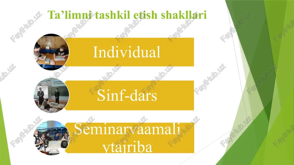 irgi kunda o’quv muassasalarida ushbu uuldan keng foydalanilmoqda. ko’proq talaba va o’quvchilarning o’zlarinini o’qishga va izlanishga undab, uni amalda dars jarayonida namoyon etishini talab qilgan holda yaxshi natijalarga erishilmoqda. chunki shu narsa ma’lumki, inson eshitgan narsasining 5 % ini, o’qiganining 10% ini tajribada sinab ko’rishi orqali ma’lumotning 40% ini, boshqalarni o’qitish orqali esa 90% ma’lumotni eslab qolishi mumkin ekan. shu sababli dars jarayonida o’quvchilarning mavzu yuzasidan tayyorlanib kelib, shu mavzu bo’yicha o’z sinfdosh va guruhdoshlariga dars o’tib, prezentatsiya qilib bersa, o’z bilimini ham mustahkamlab oladi. seminar va amaliy-tajriba ishlar shaklidagi mashg'ulotlar. seminar mashg'ulotlari o'quvchilarning mavzudagi muhim masalalarni chuqur o'rganish yuzasidan mustaqil ishlashini, keyinchalik ularni jamoa bo'lib muhokama qilishini tashkil etish shaklidir. mavzu o'rganilgunga qadar o'qituvchi o'quvchilar uchun savol va topshiriqlar tuzib chiqadi. kirish mashg'ulotida u o'quvchilarni materialning mazmuni, qilinadigan ishning xarakteri bilan qisqacha tanishtiradi, ularga har qaysi seminar uchun topshiriq beradi va tayyorlanish uchun adabiyot ko'rsatadi. bir xil vazifalar hamma …